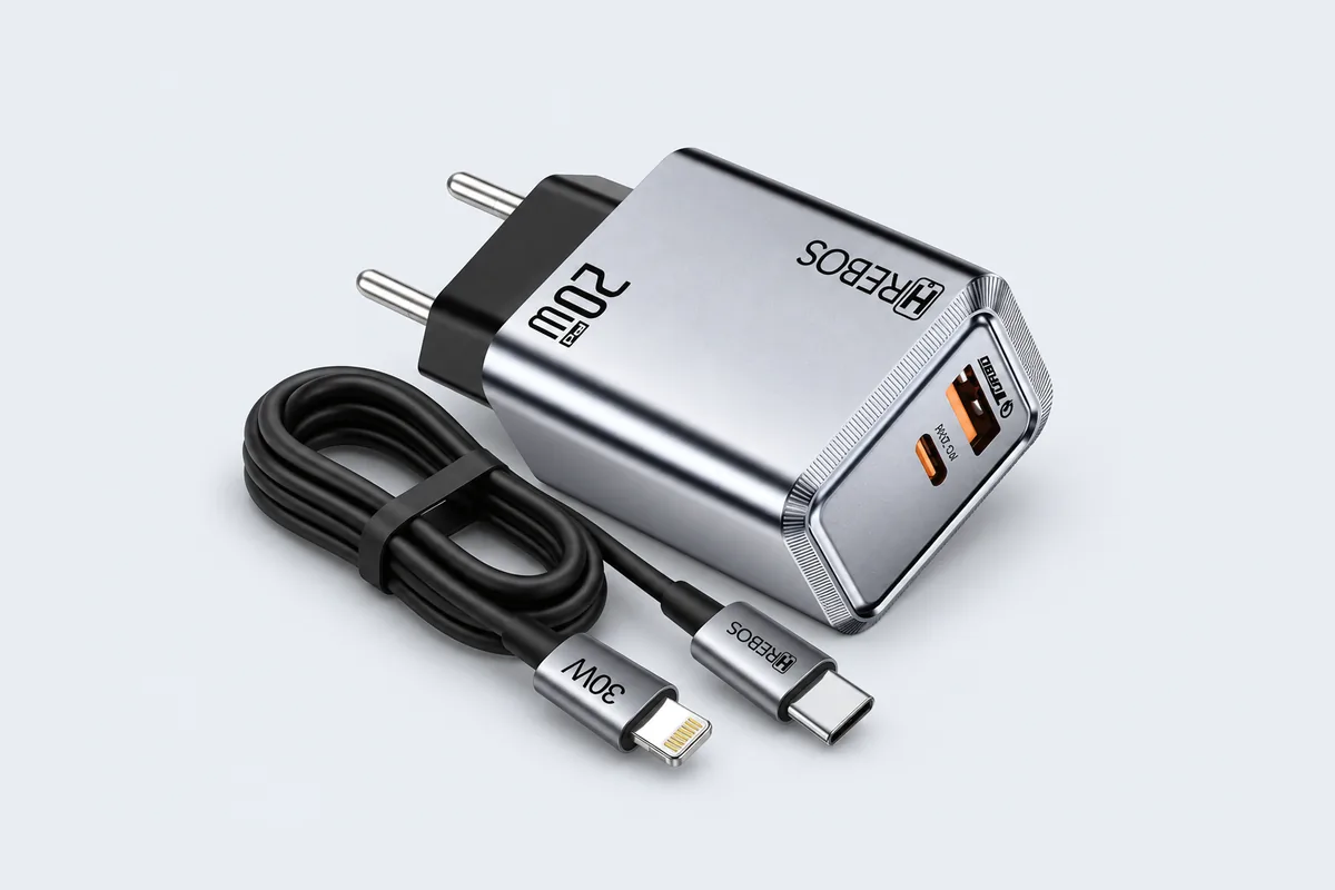 Carregador 20W duas entradas USB e Tipo-C com cabo Hrebos CRG-264CI