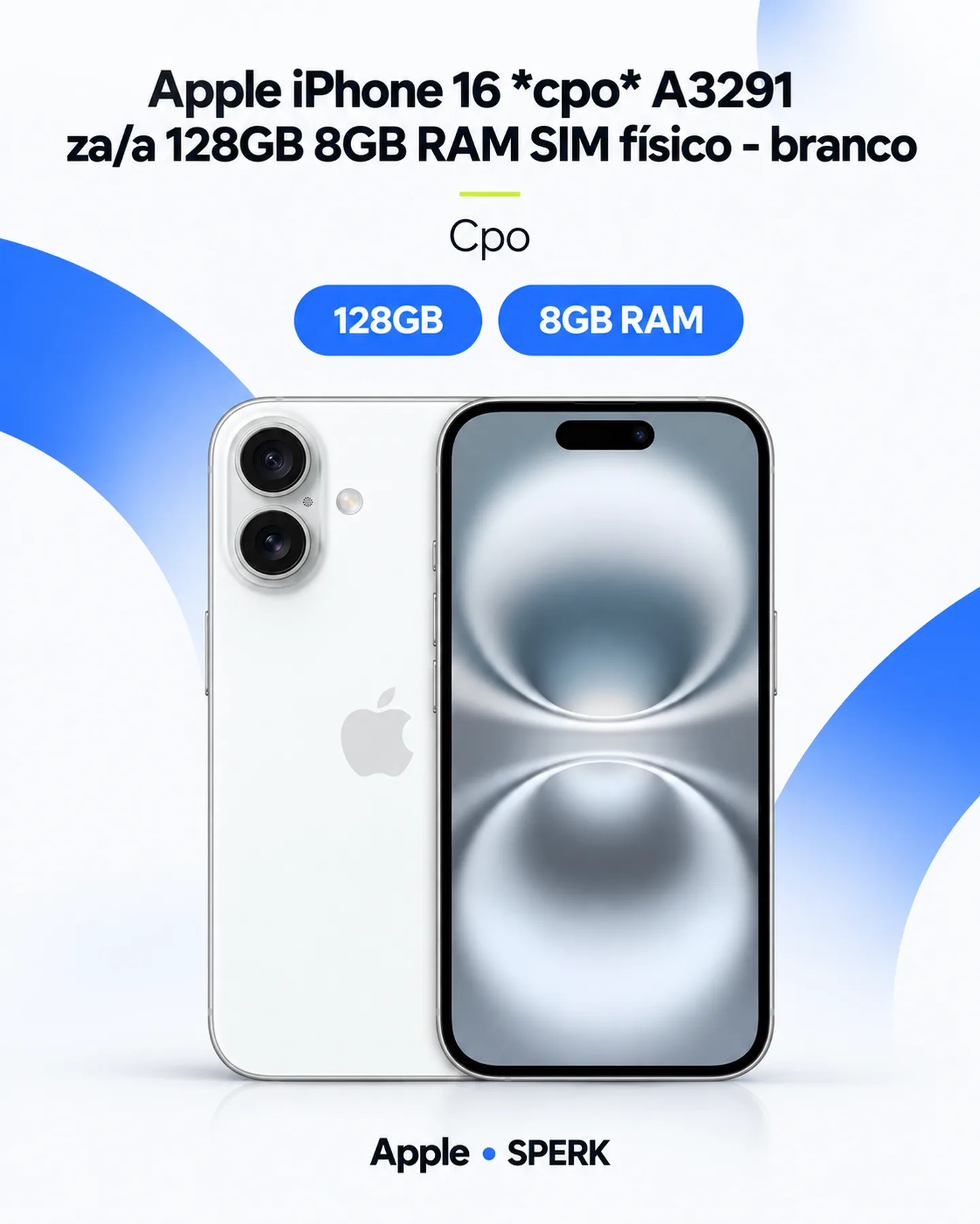 Apple iPhone 16 *cpo* A3291 za/a 128GB 8GB RAM SIM físico - branco — painel 1