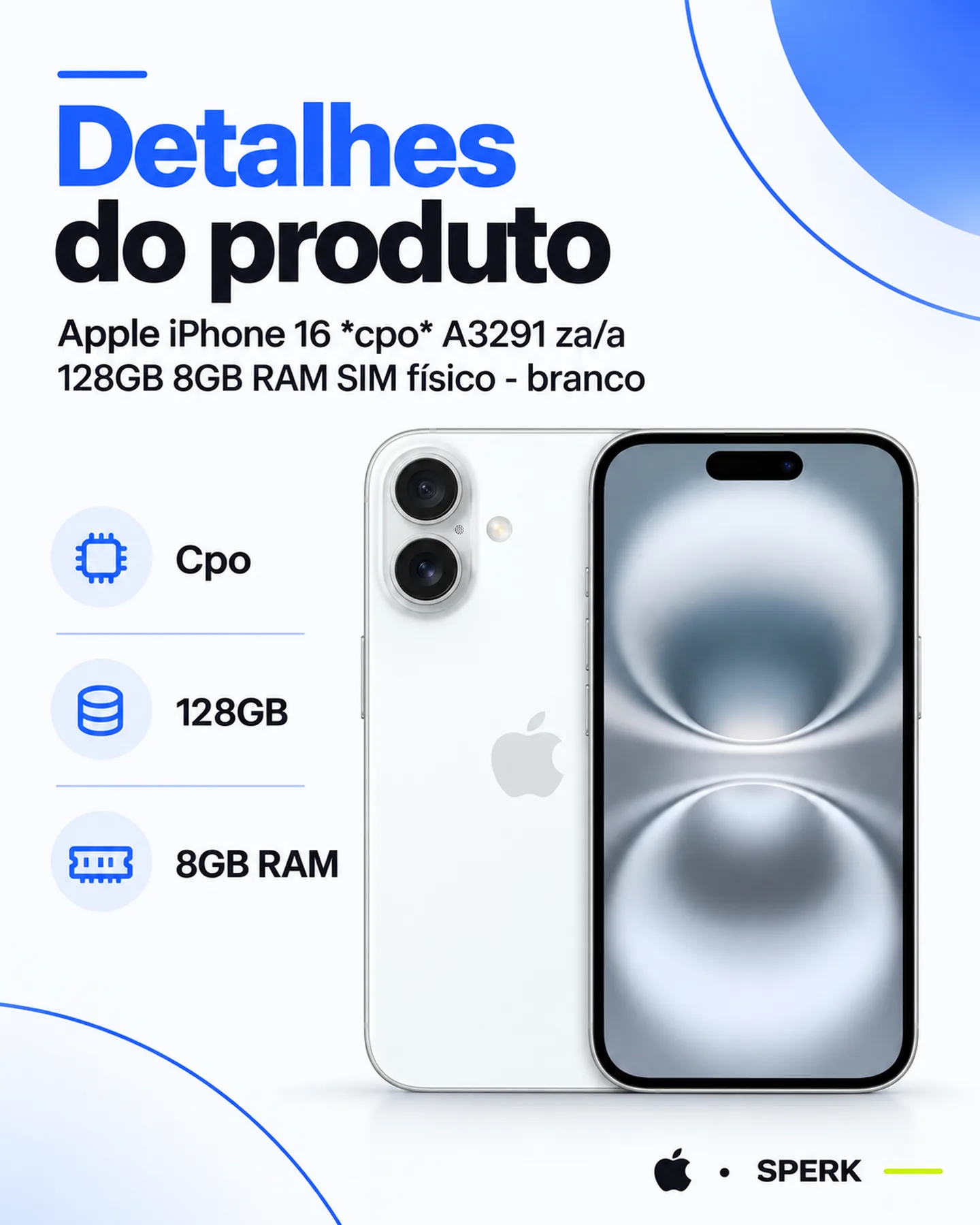 Apple iPhone 16 *cpo* A3291 za/a 128GB 8GB RAM SIM físico - branco — painel 4
