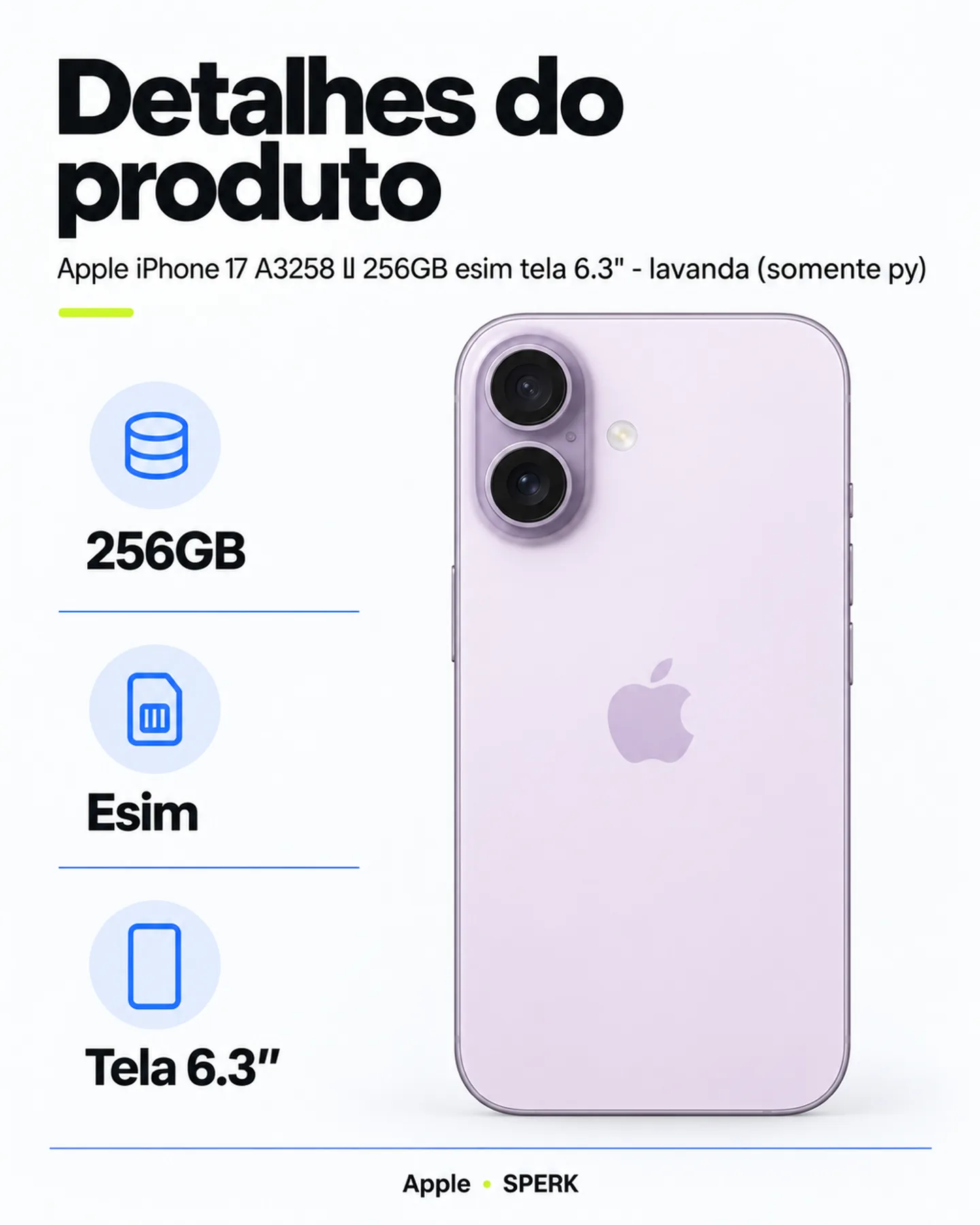 Apple iPhone 17 A3258 ll 256GB esim tela 6.3" - lavanda (somente py) — painel 4