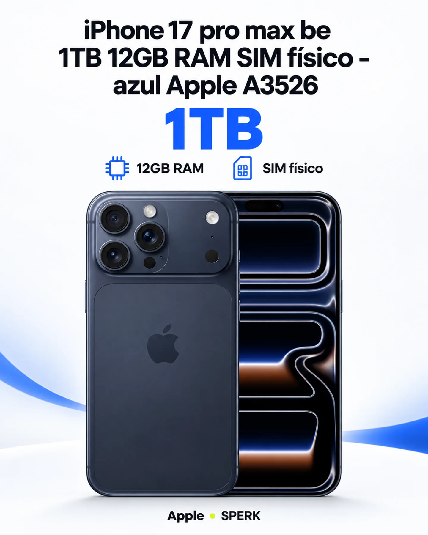 iPhone 17 pro max be 1TB 12GB RAM SIM físico - azul Apple A3526 — painel 1