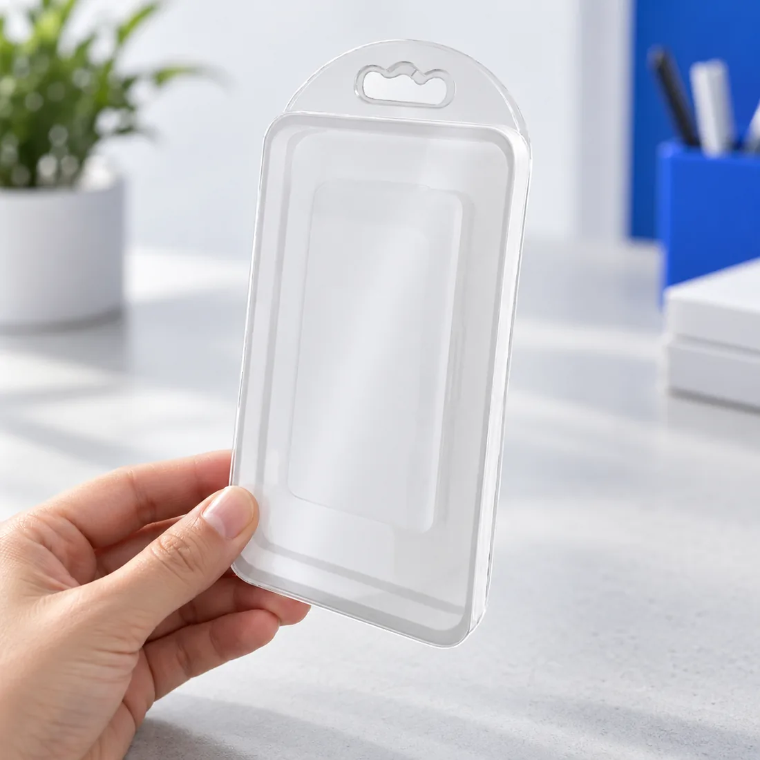 Blister para capinha com fundo branco e frente transparente 17cm x 9cm — uso