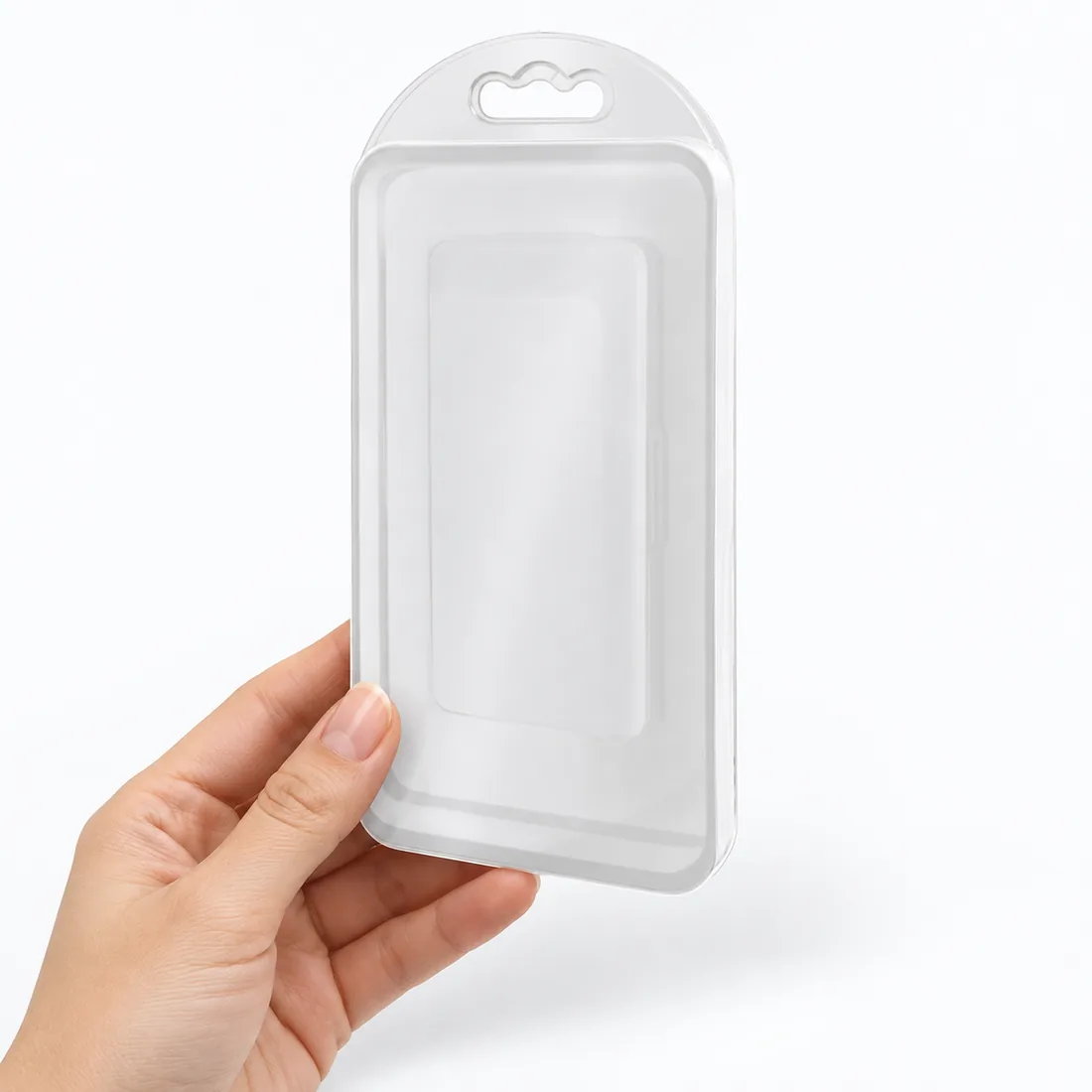 Blister para capinha com fundo branco e frente transparente 17cm x 9cm — escala