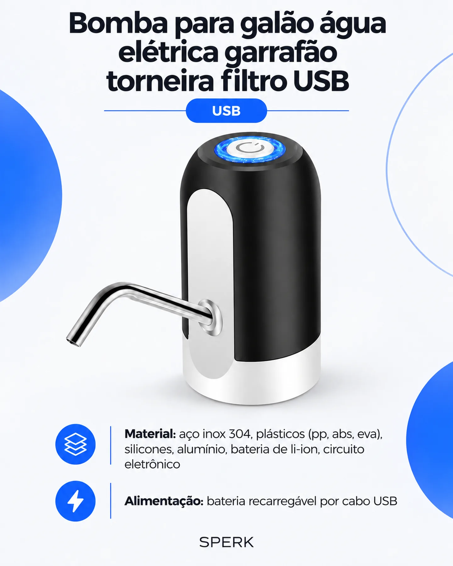 Bomba para galão água elétrica garrafão torneira filtro USB — painel 1