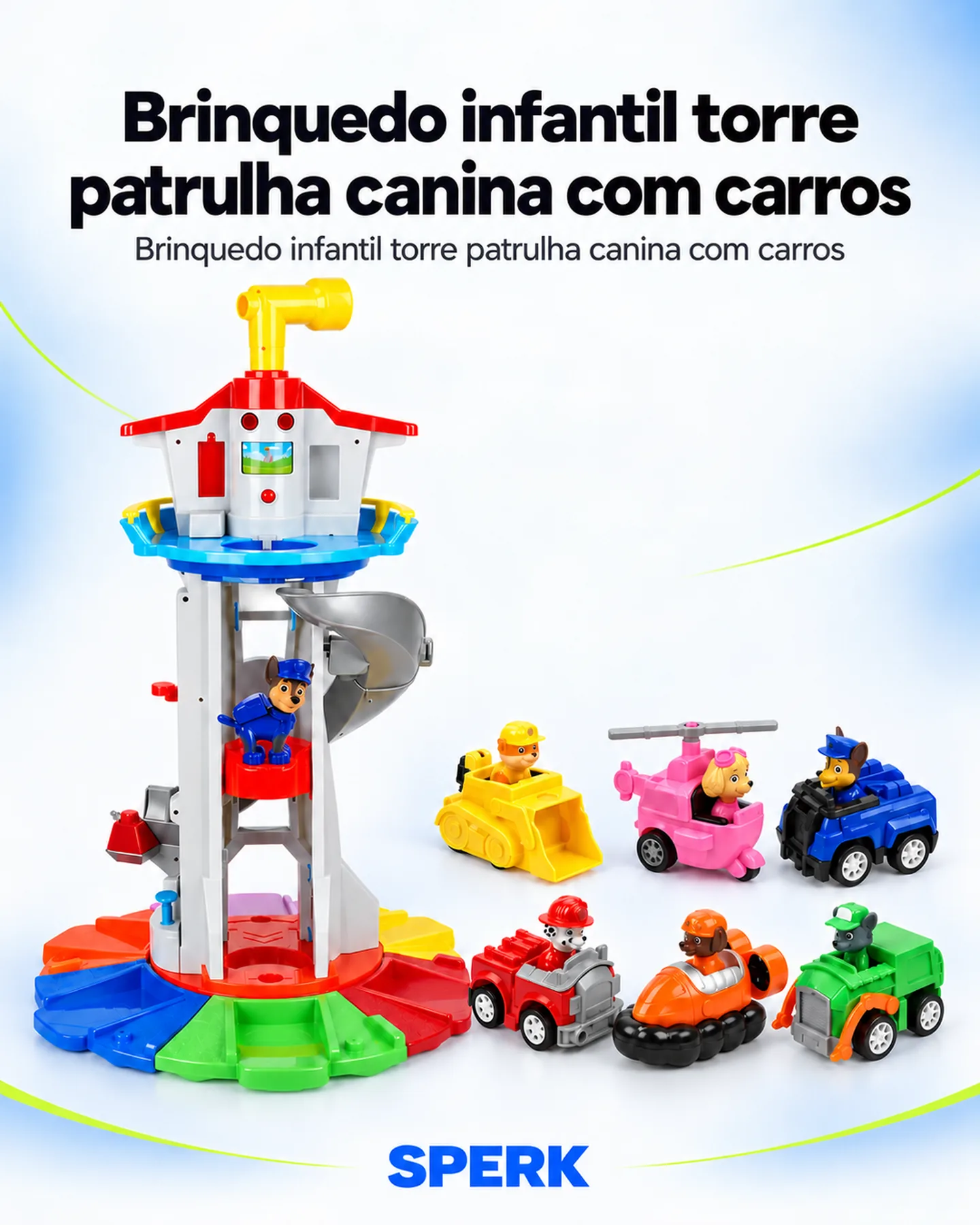 Brinquedo infantil torre patrulha canina com carros — painel 1