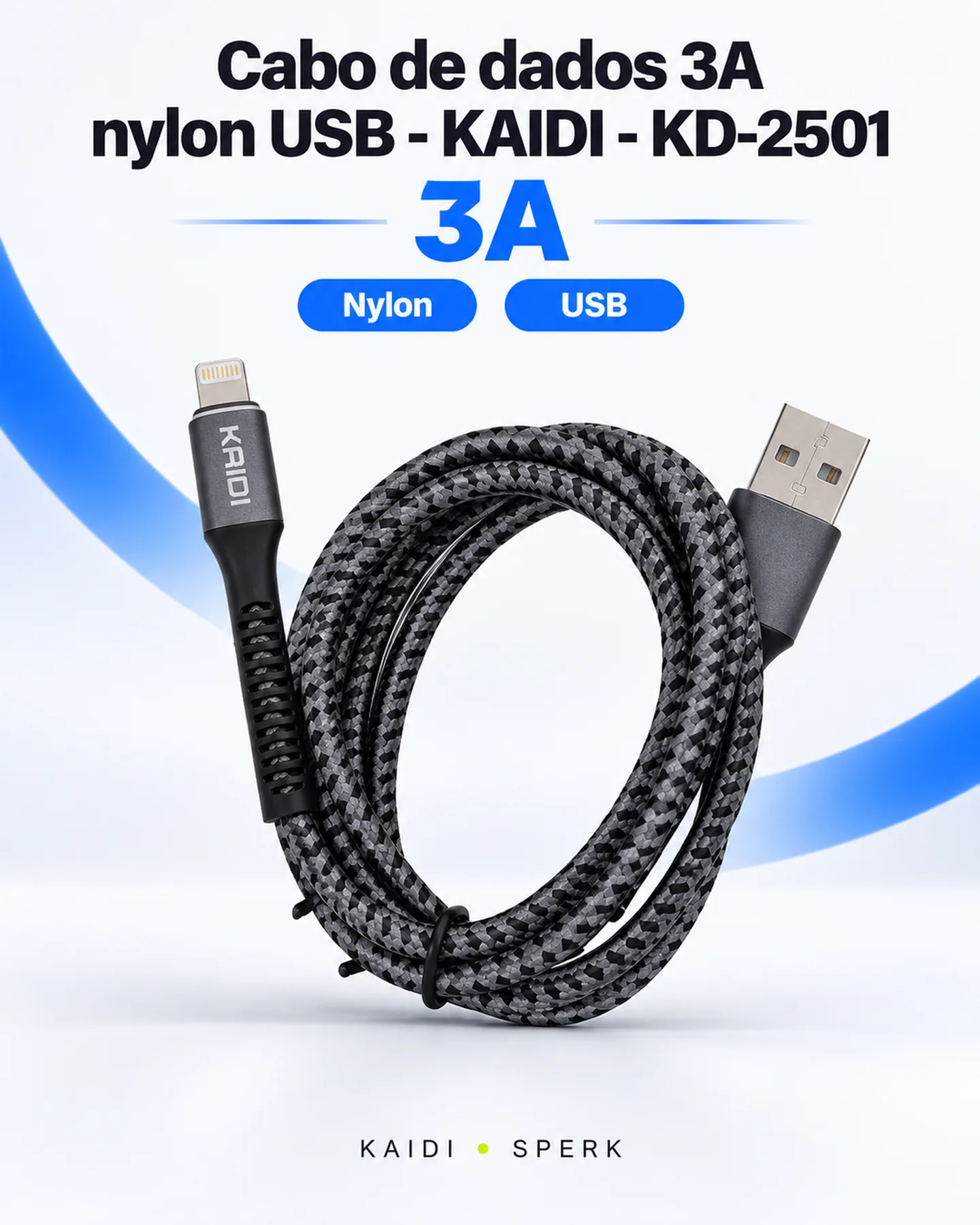 Cabo de dados 3A nylon USB - KAIDI - KD-2501 — painel 1