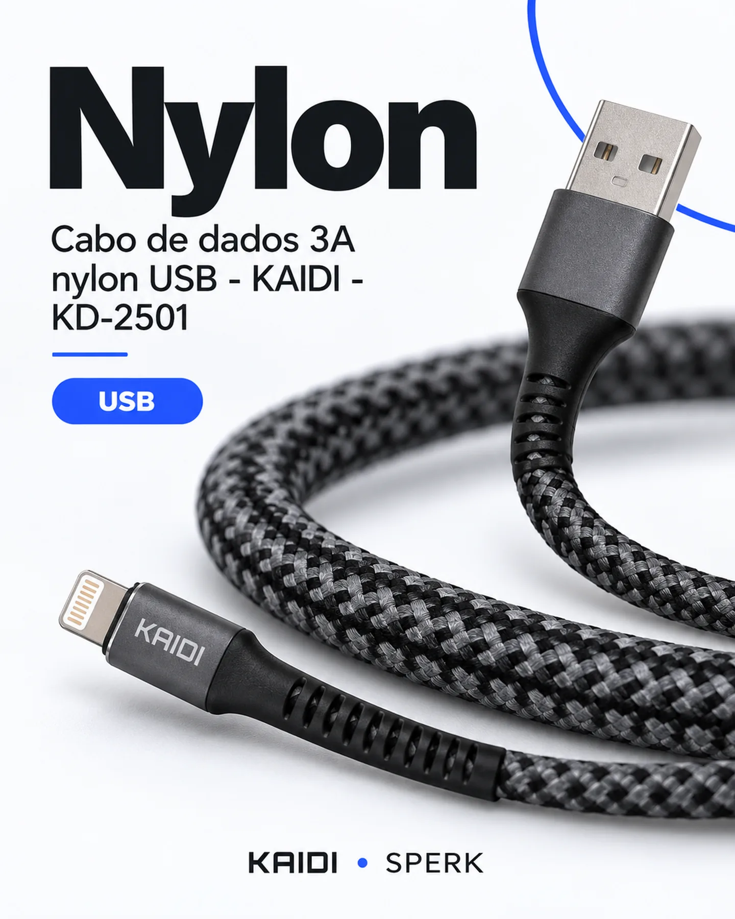 Cabo de dados 3A nylon USB - KAIDI - KD-2501 — painel 3