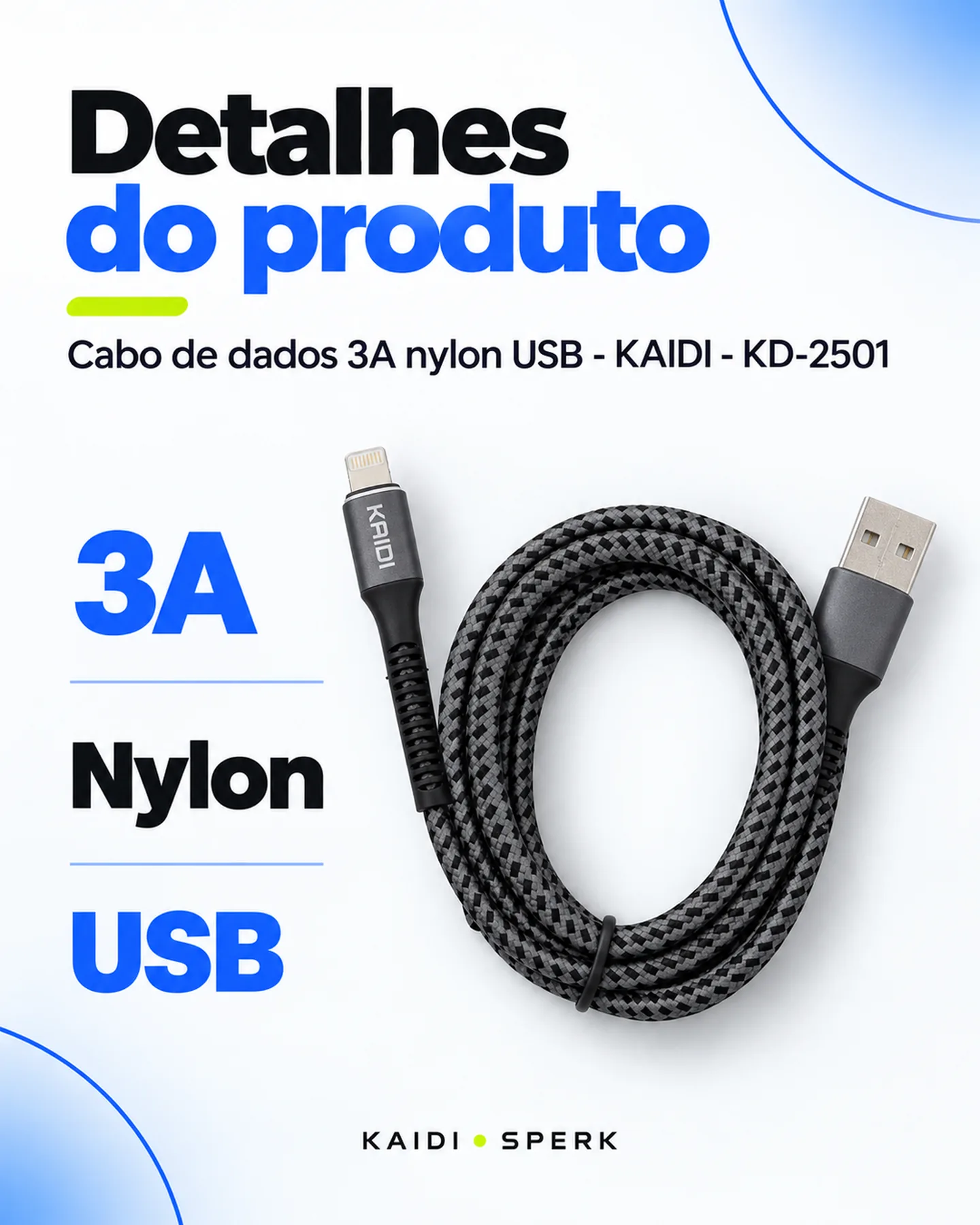 Cabo de dados 3A nylon USB - KAIDI - KD-2501 — painel 4