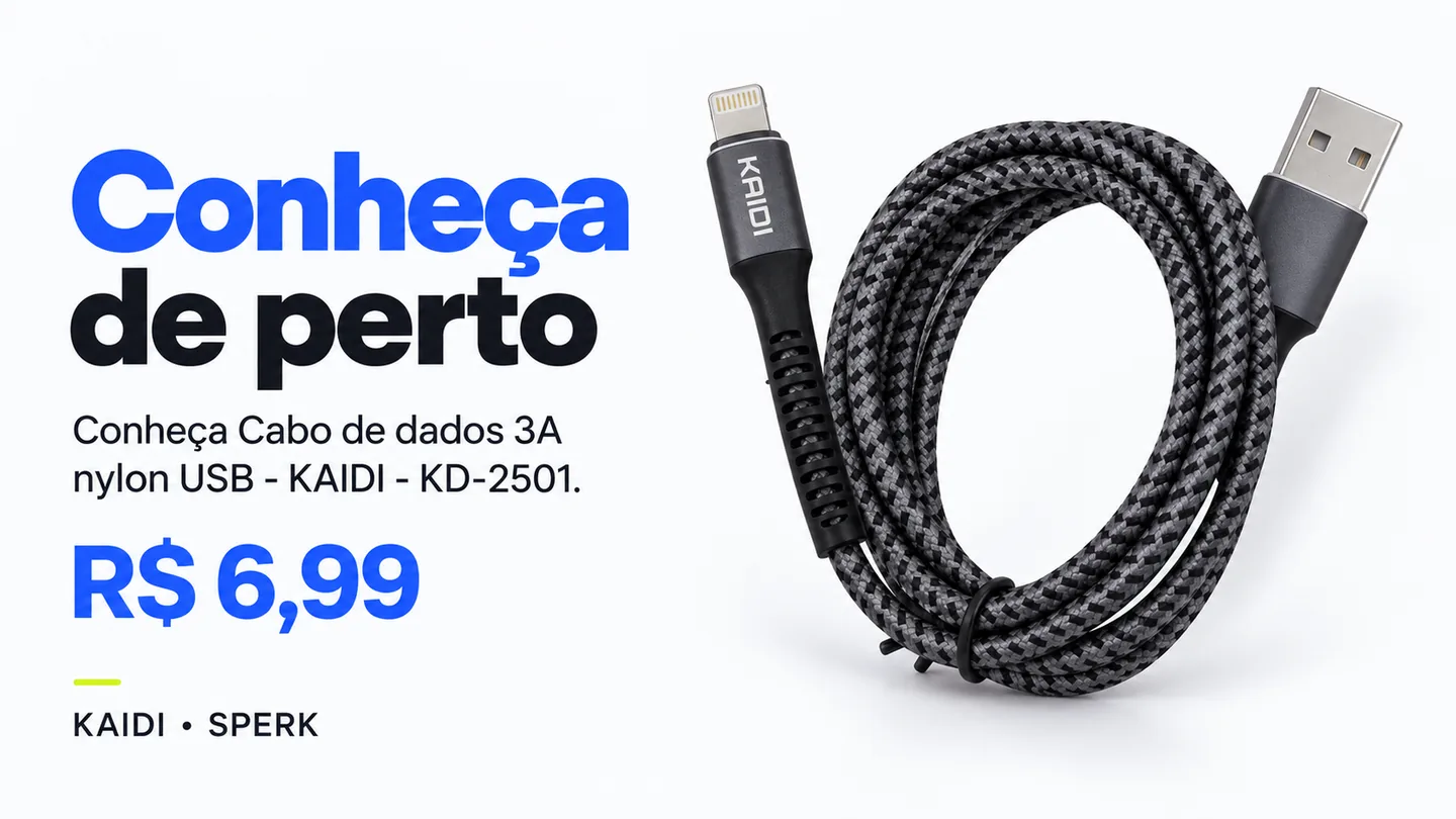 Cabo de dados 3A nylon USB - KAIDI - KD-2501 — heroi descricao