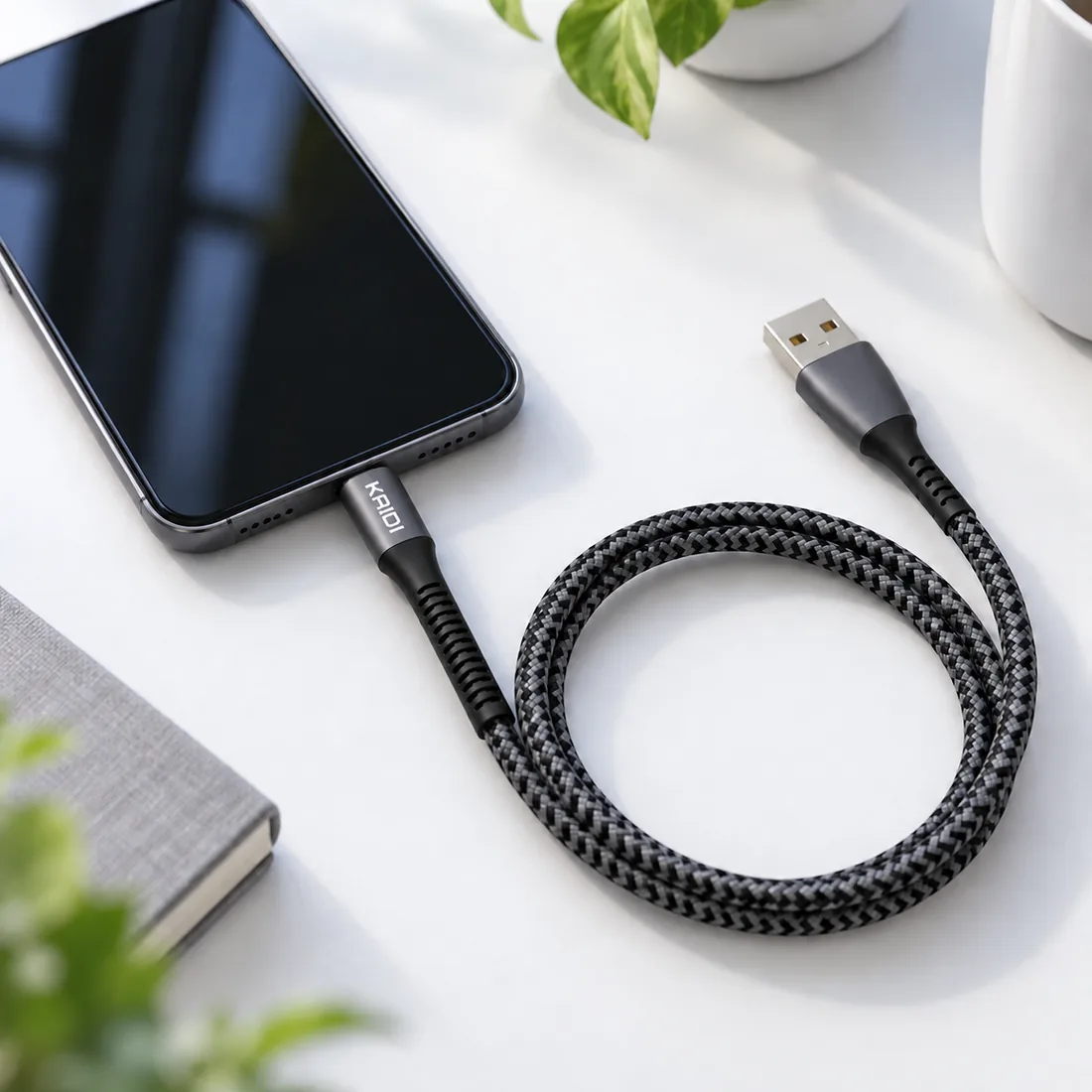 Cabo de dados 3A nylon USB - KAIDI - KD-2501 — uso