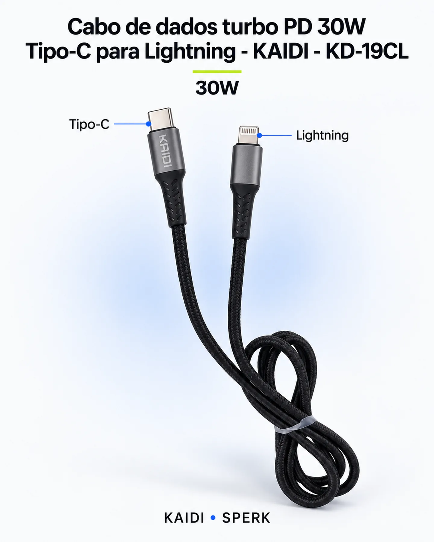 Cabo de dados turbo PD 30W Tipo-C para Lightning - KAIDI - KD-19CL — painel 1
