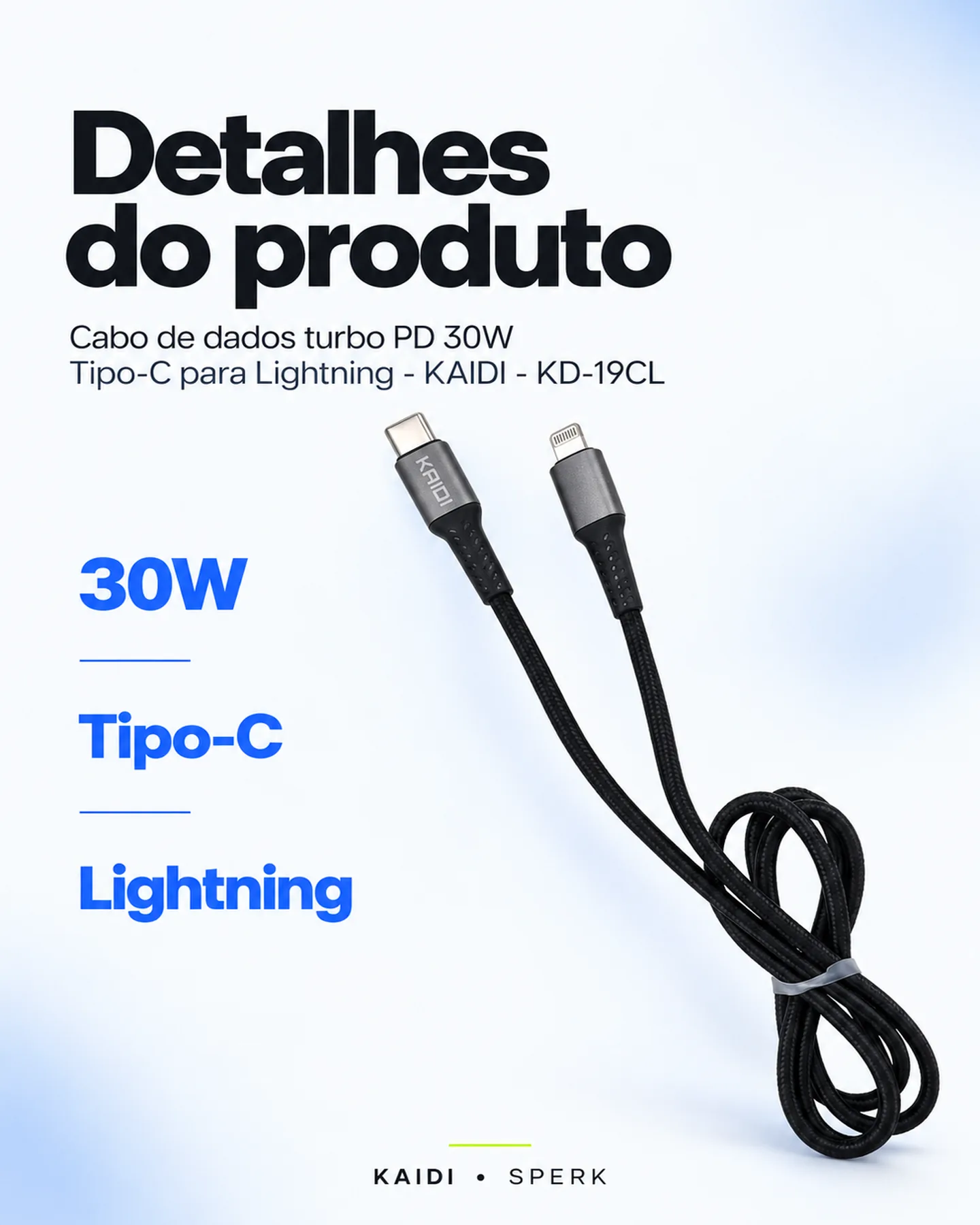 Cabo de dados turbo PD 30W Tipo-C para Lightning - KAIDI - KD-19CL — painel 4