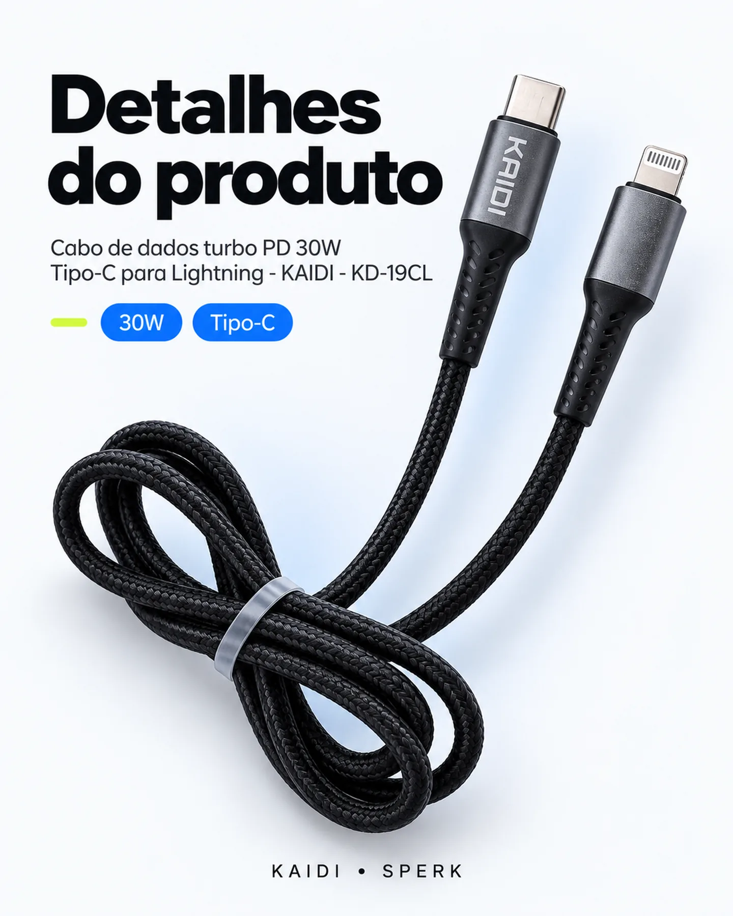 Cabo de dados turbo PD 30W Tipo-C para Lightning - KAIDI - KD-19CL — painel 5