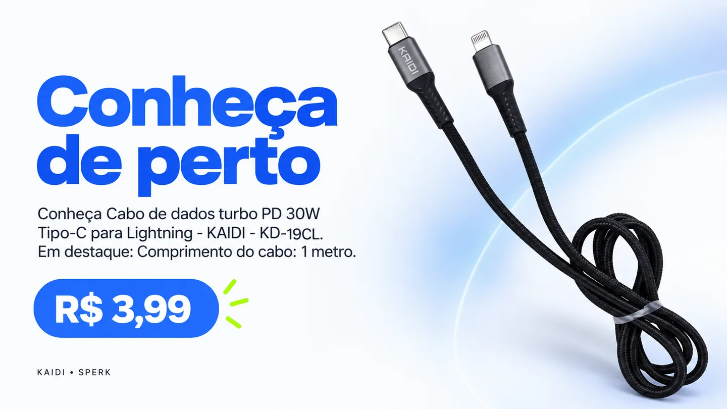 Cabo de dados turbo PD 30W Tipo-C para Lightning - KAIDI - KD-19CL — heroi descricao