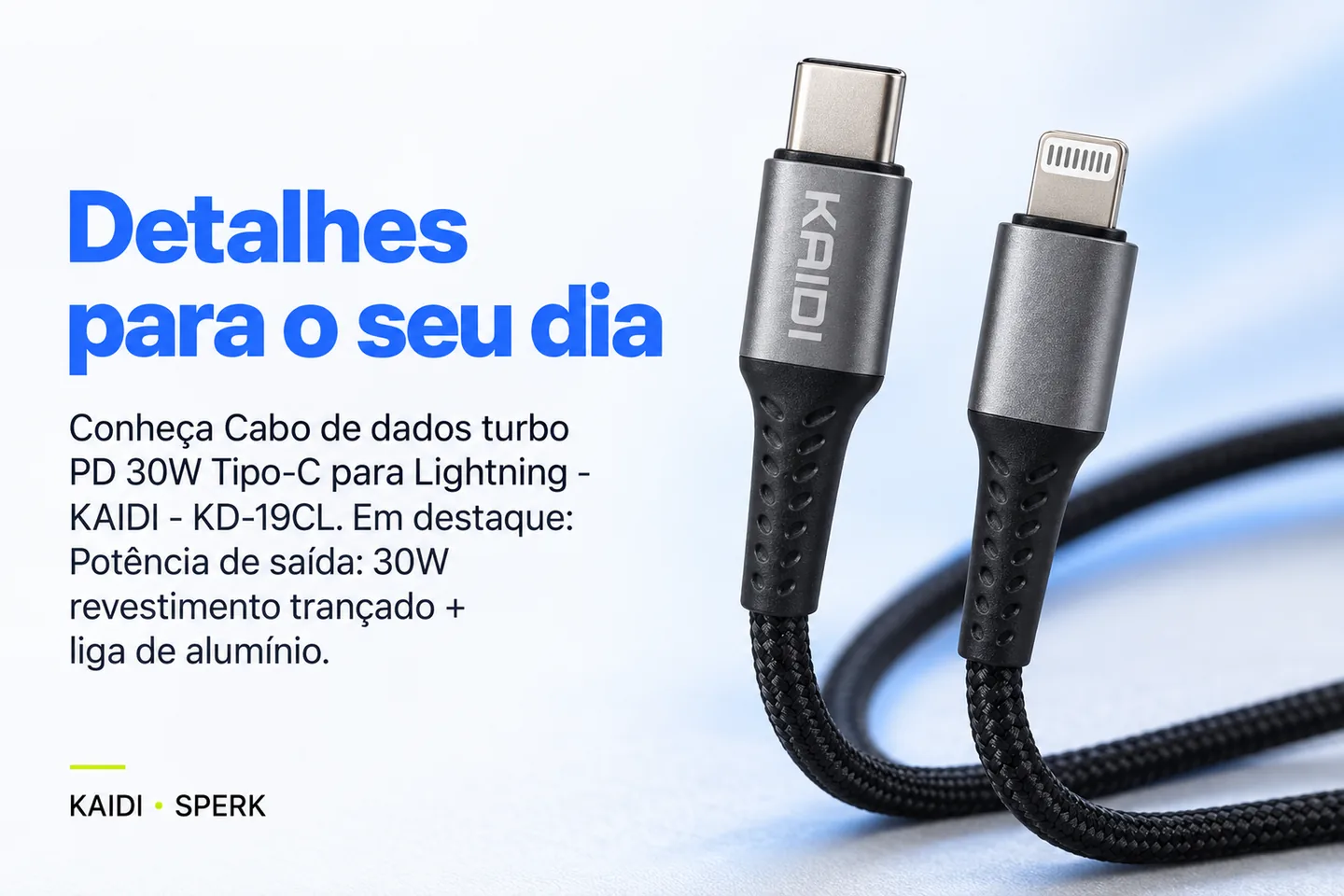 Cabo de dados turbo PD 30W Tipo-C para Lightning - KAIDI - KD-19CL — diferencial uso