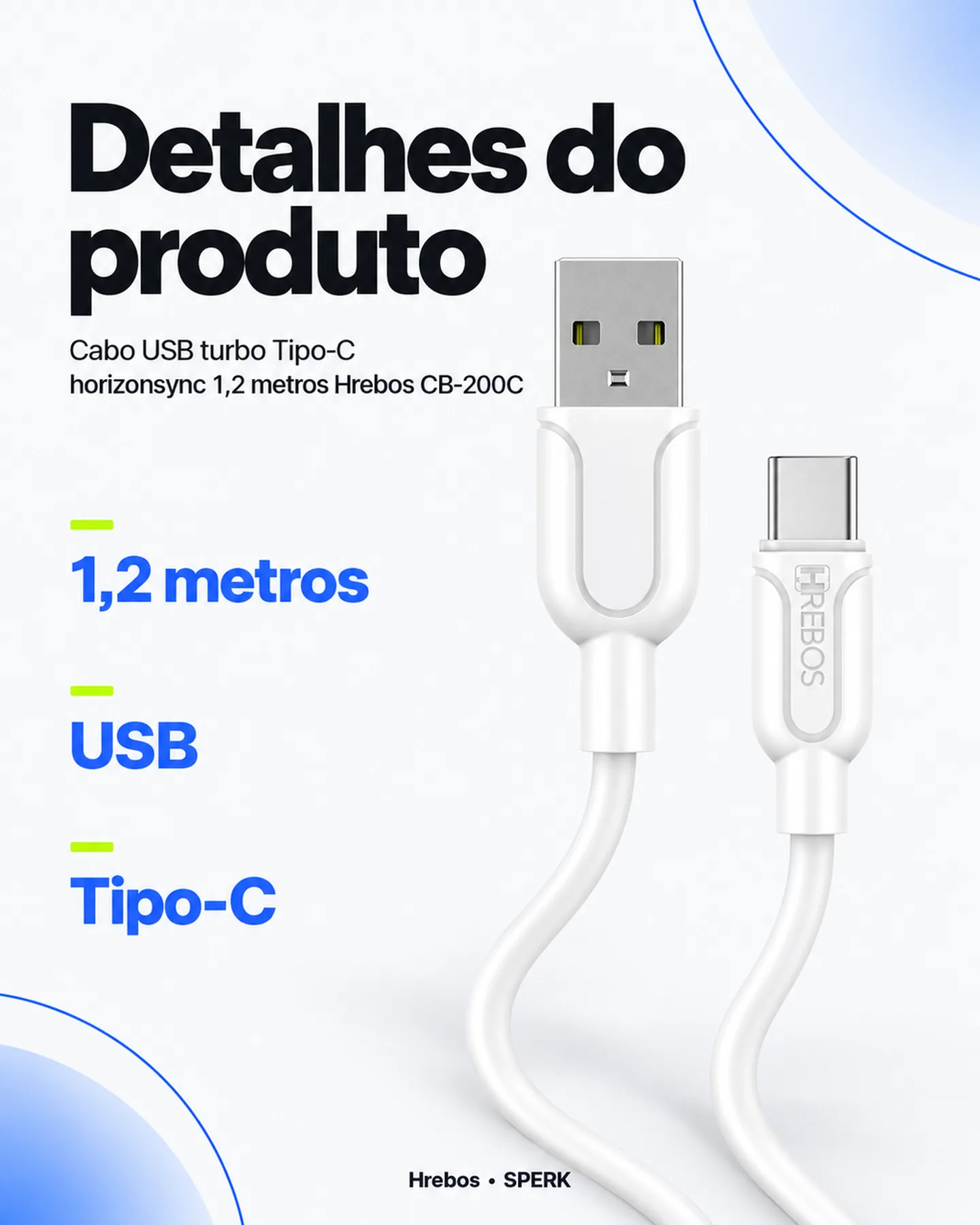 Cabo USB turbo Tipo-C horizonsync 1,2 metros Hrebos CB-200C — painel 4