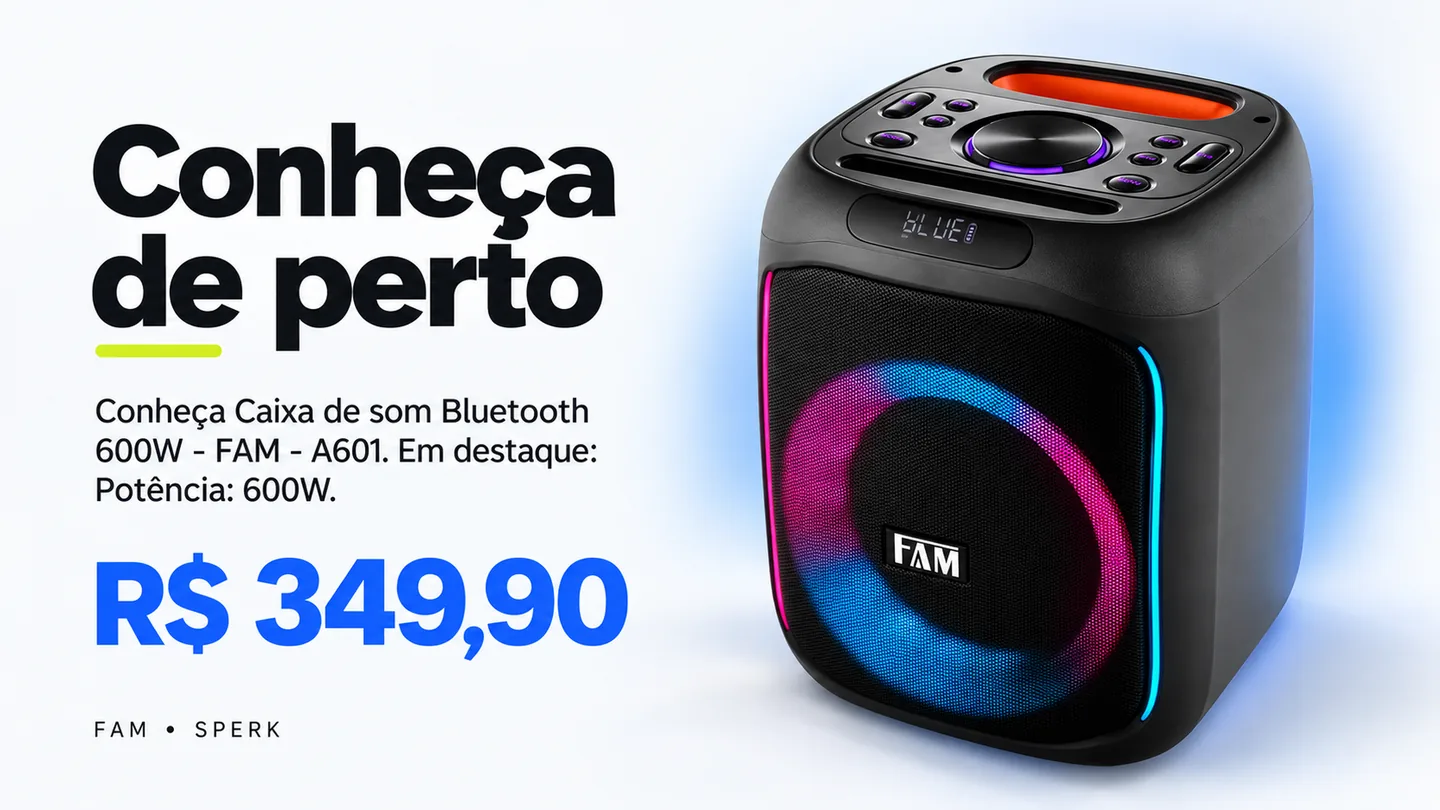 Caixa de som Bluetooth 600W - FAM - A601 — heroi descricao