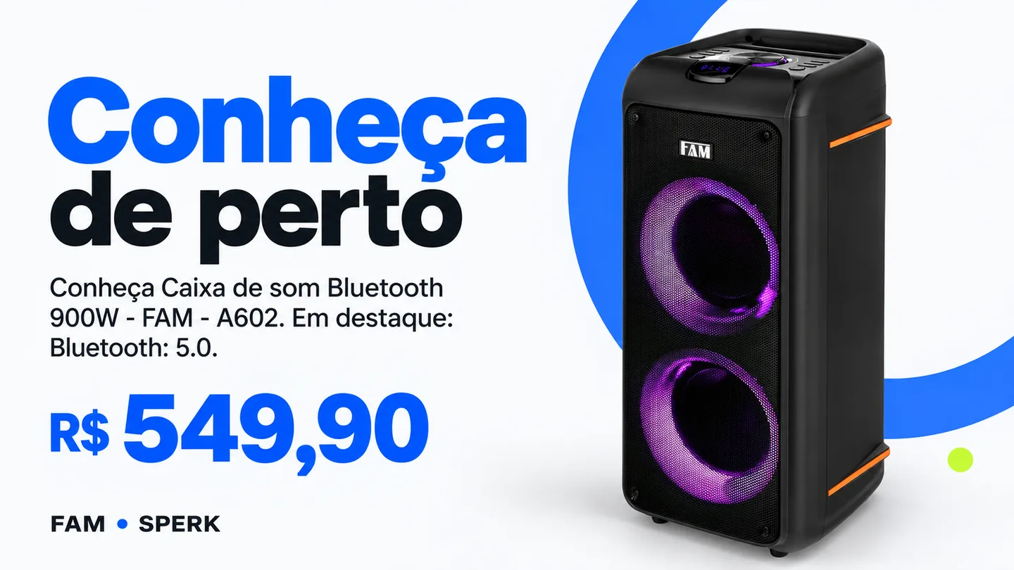 Caixa de som Bluetooth 900W - FAM - A602 — heroi descricao