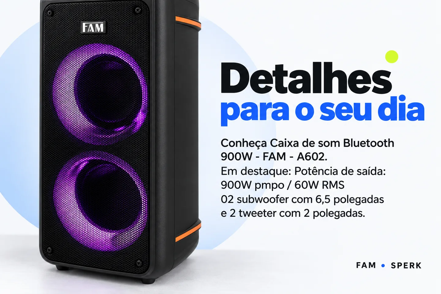 Caixa de som Bluetooth 900W - FAM - A602 — diferencial uso