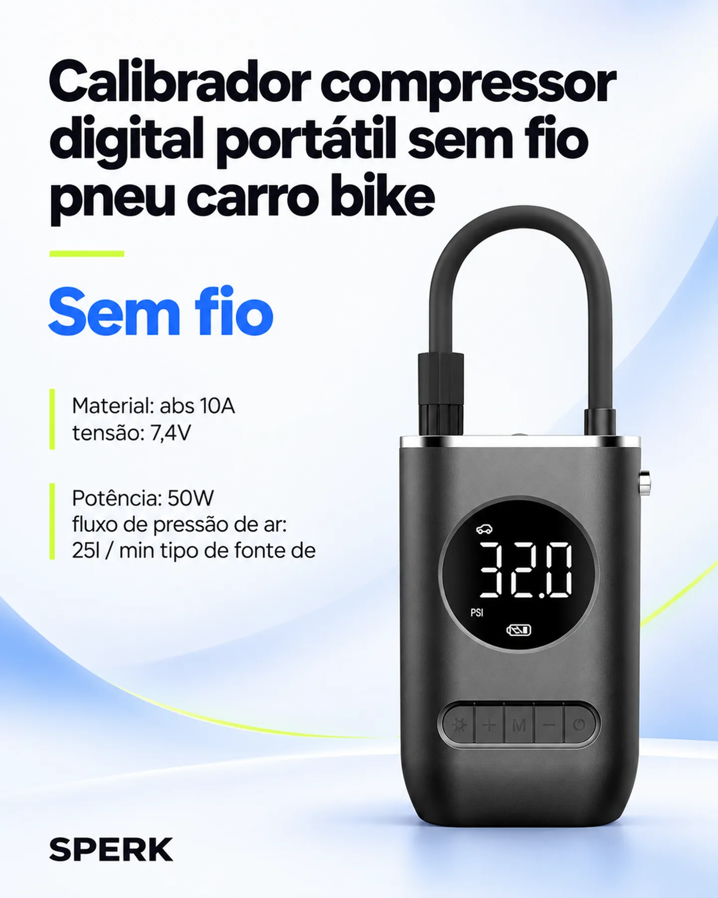 Calibrador compressor digital portátil sem fio pneu carro bike — painel 1