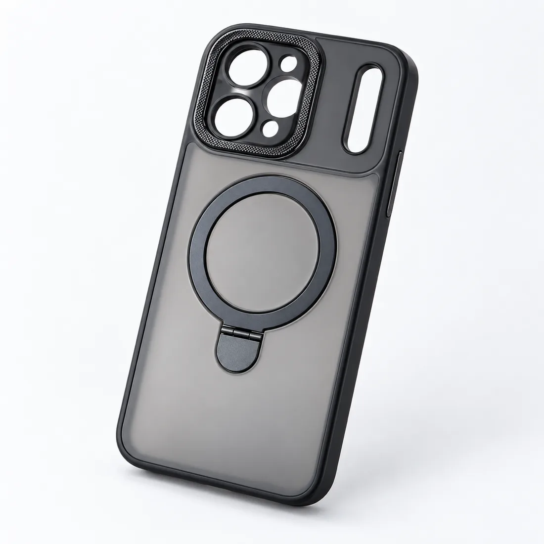 Capinha fosca com ring suporte magnético e kit película de câmera — verso lateral