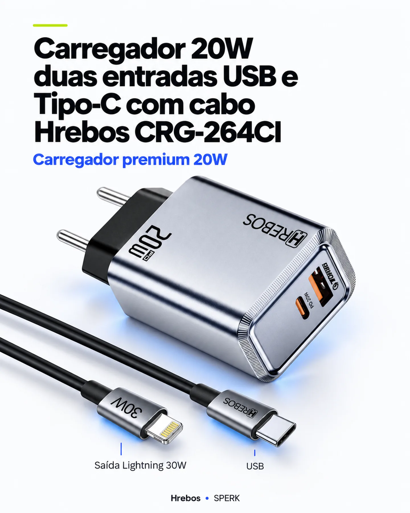 Carregador 20W duas entradas USB e Tipo-C com cabo Hrebos CRG-264CI — painel 1