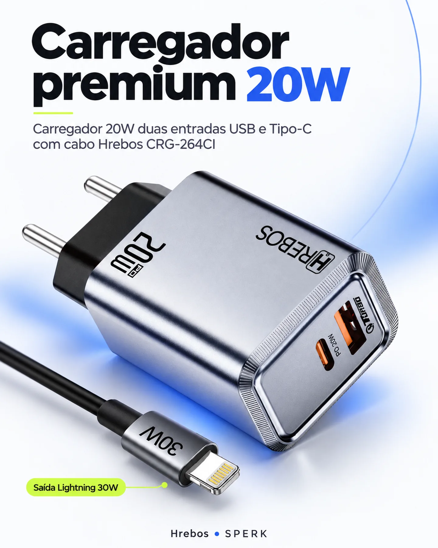 Carregador 20W duas entradas USB e Tipo-C com cabo Hrebos CRG-264CI — painel 2
