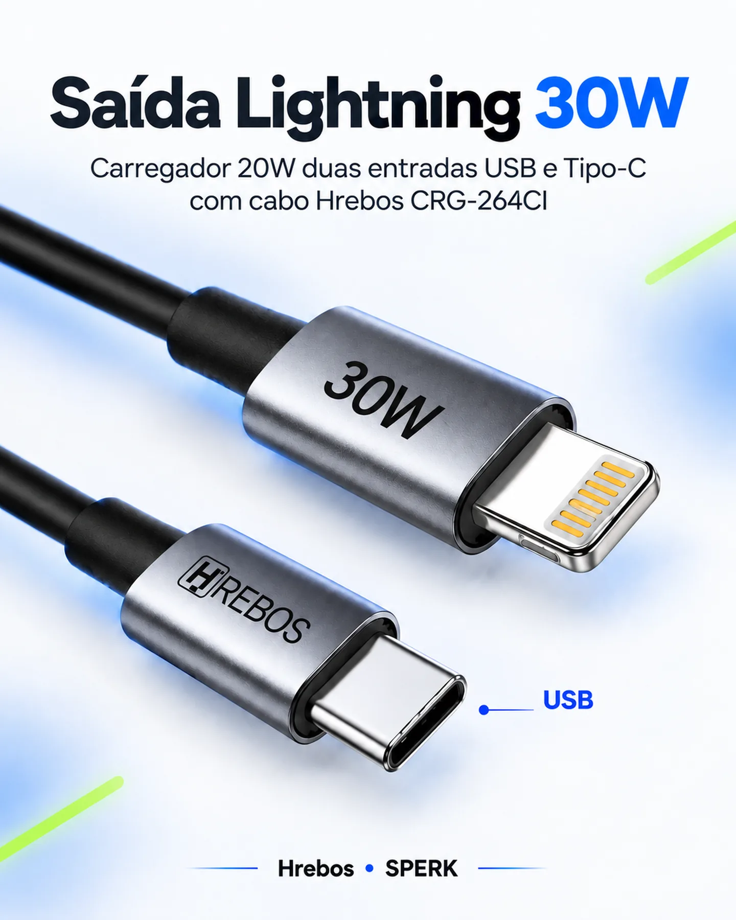 Carregador 20W duas entradas USB e Tipo-C com cabo Hrebos CRG-264CI — painel 3