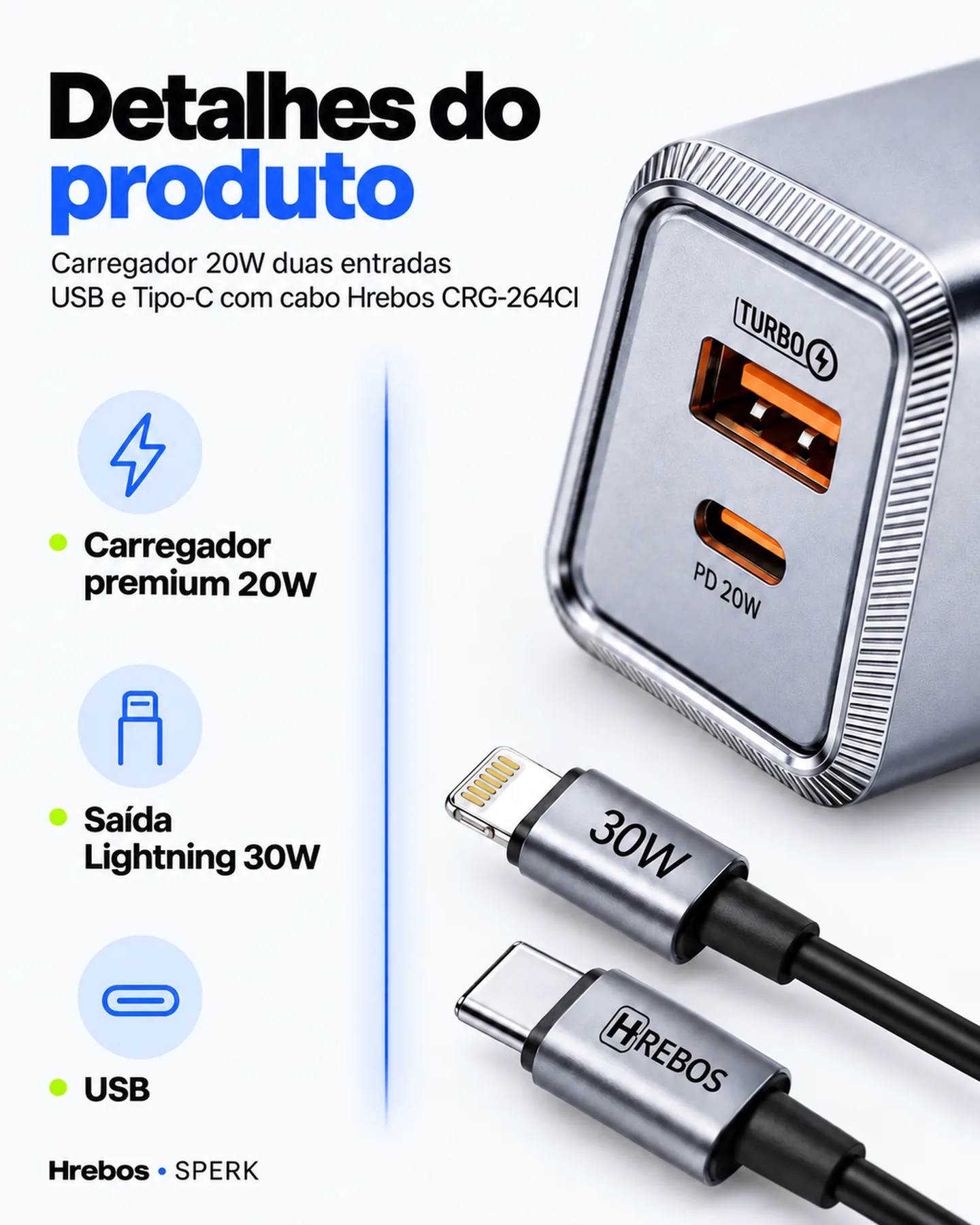 Carregador 20W duas entradas USB e Tipo-C com cabo Hrebos CRG-264CI — painel 4