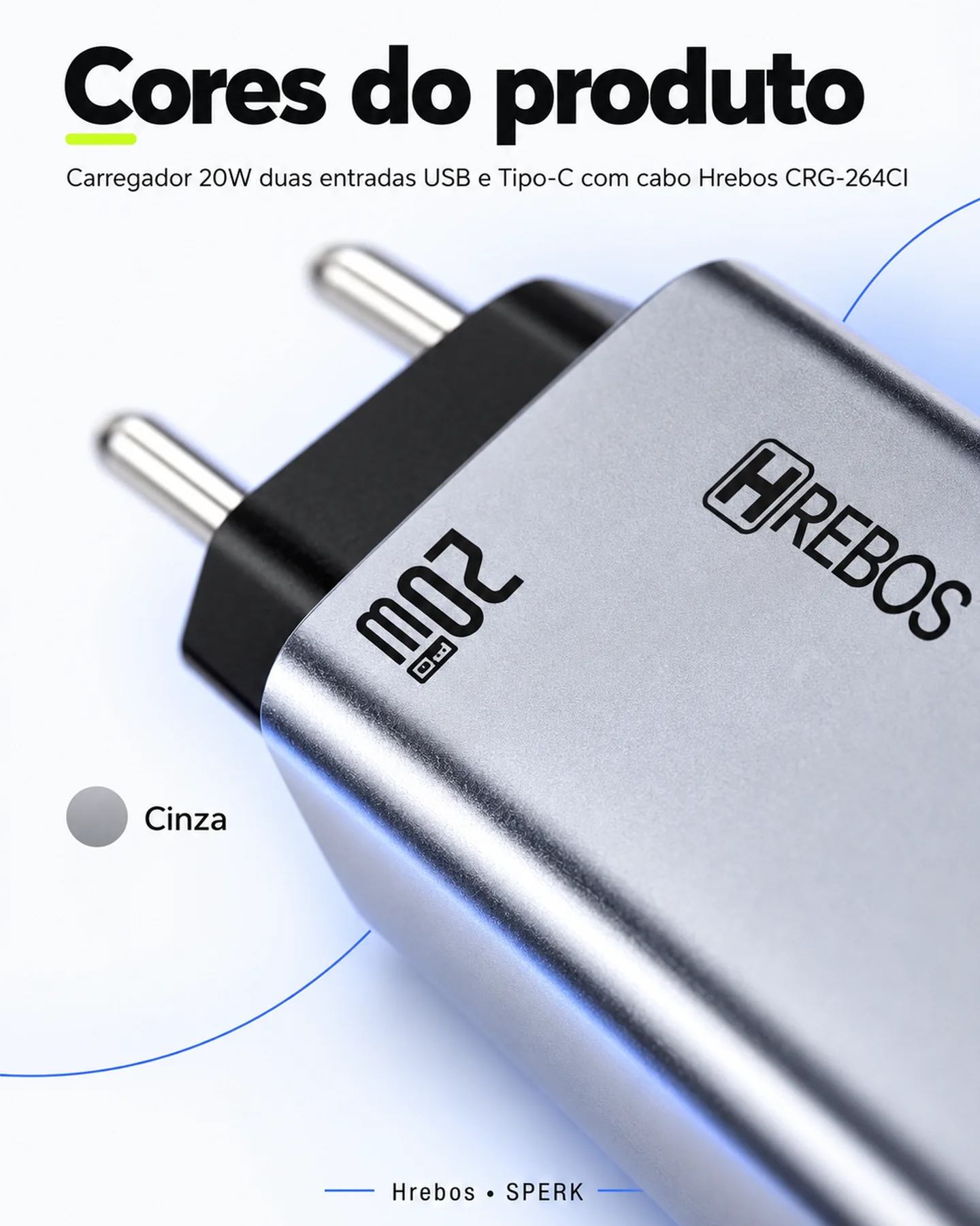Carregador 20W duas entradas USB e Tipo-C com cabo Hrebos CRG-264CI — painel 5