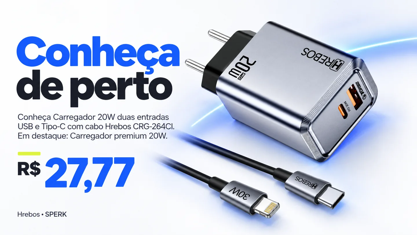 Carregador 20W duas entradas USB e Tipo-C com cabo Hrebos CRG-264CI — heroi descricao