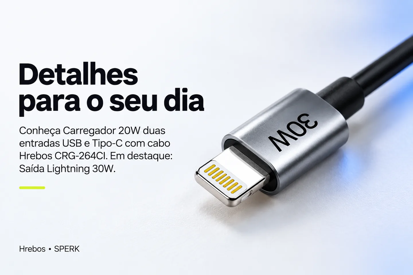 Carregador 20W duas entradas USB e Tipo-C com cabo Hrebos CRG-264CI — diferencial uso