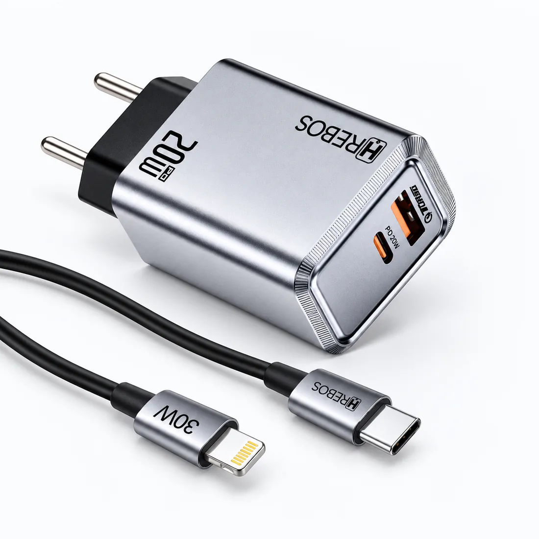 Carregador 20W duas entradas USB e Tipo-C com cabo Hrebos CRG-264CI