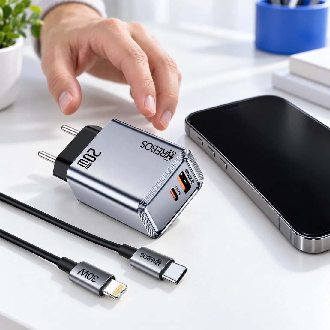 Carregador 20W duas entradas USB e Tipo-C com cabo Hrebos CRG-264CI — uso