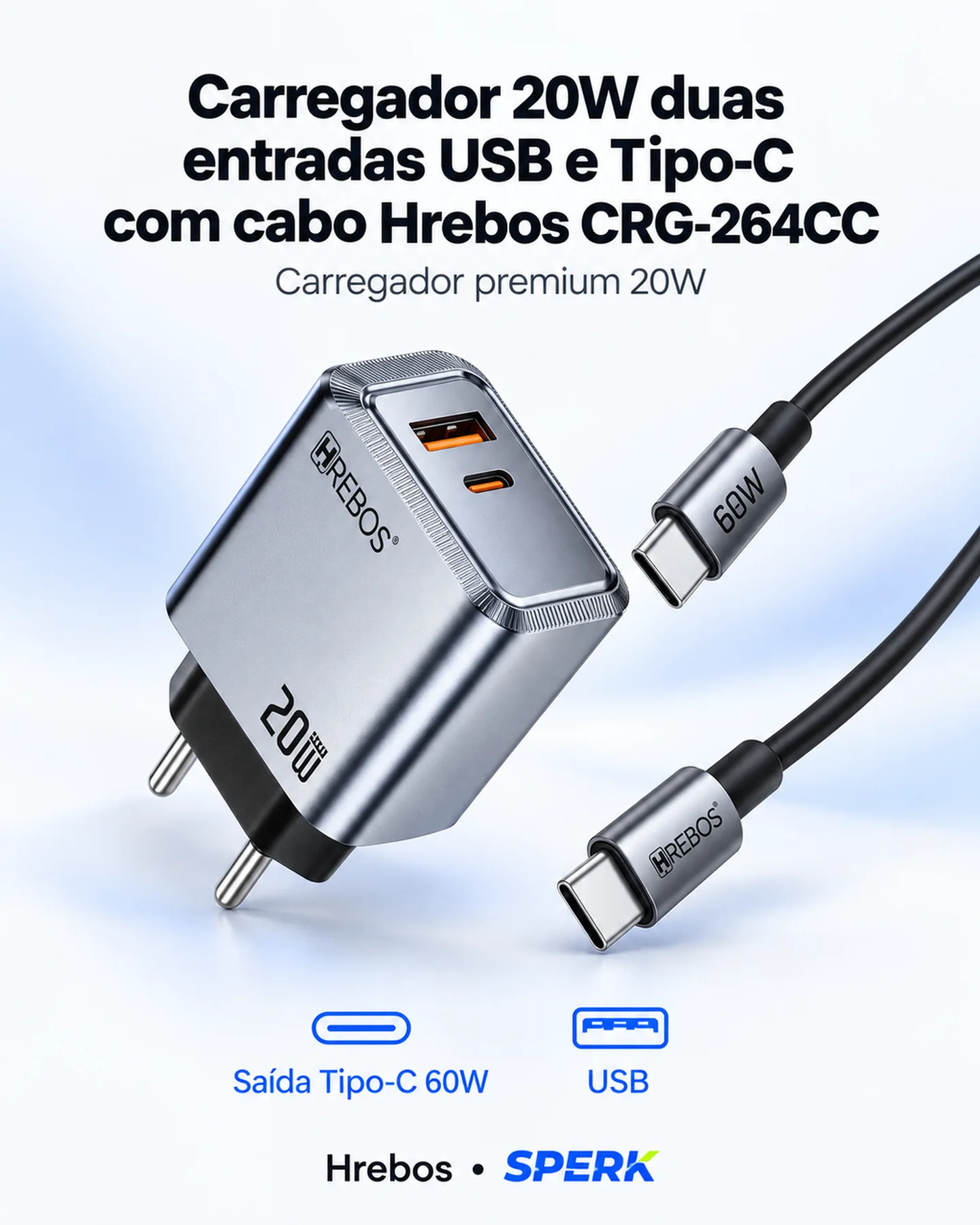 Carregador 20W duas entradas USB e Tipo-C com cabo Hrebos CRG-264CC — painel 1