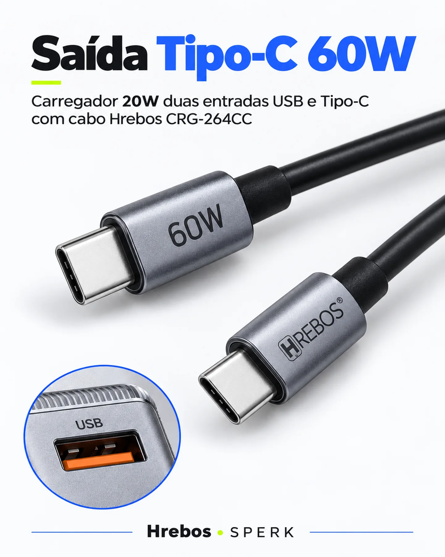 Carregador 20W duas entradas USB e Tipo-C com cabo Hrebos CRG-264CC — painel 3