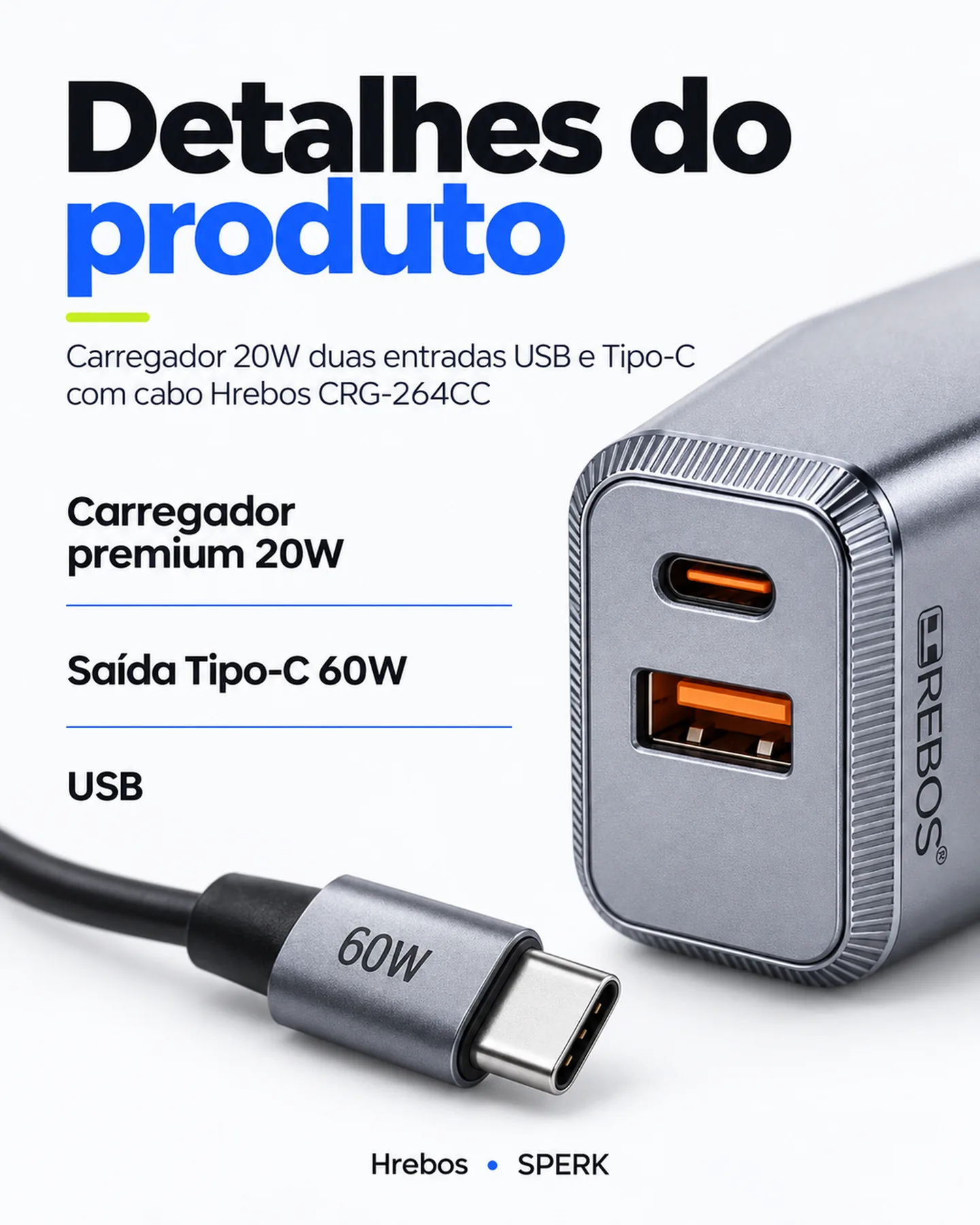 Carregador 20W duas entradas USB e Tipo-C com cabo Hrebos CRG-264CC — painel 4