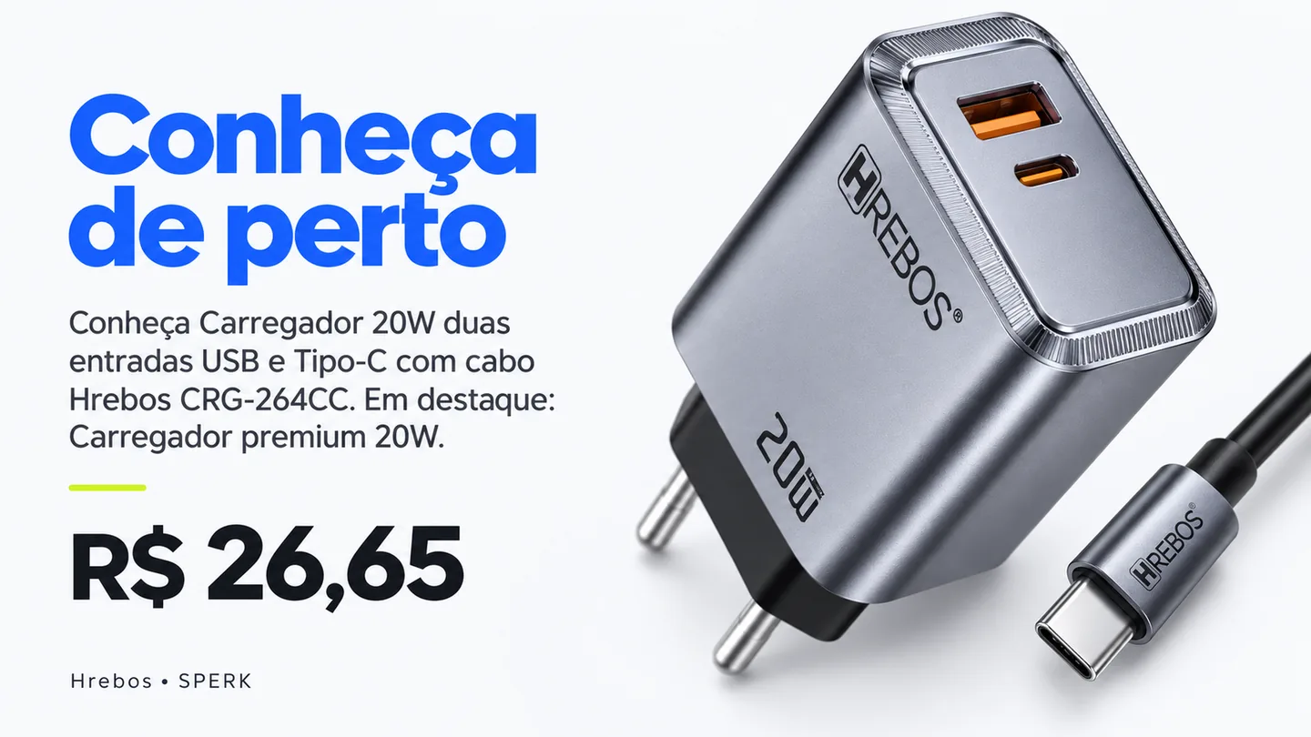 Carregador 20W duas entradas USB e Tipo-C com cabo Hrebos CRG-264CC — heroi descricao