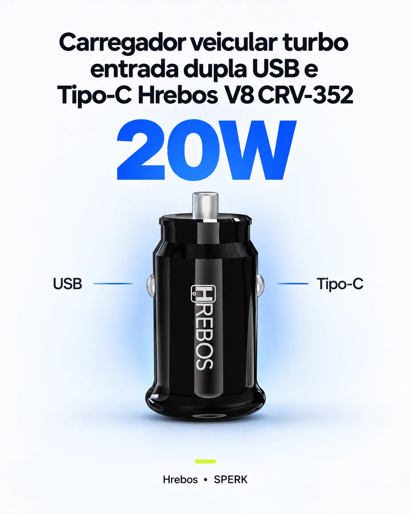 Carregador veicular turbo entrada dupla USB e Tipo-C Hrebos V8 CRV-352 — painel 1