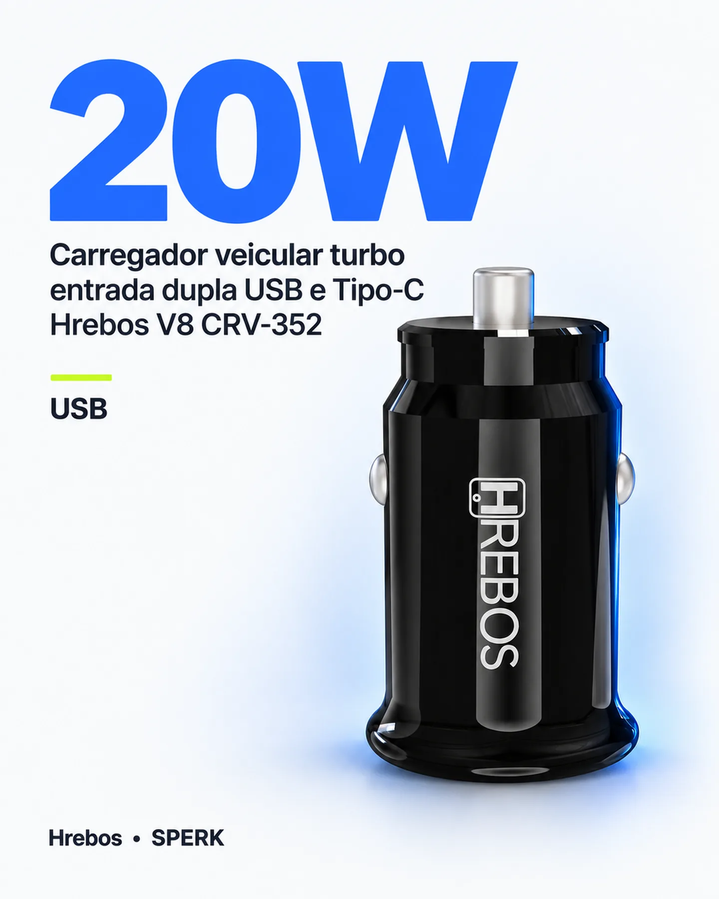 Carregador veicular turbo entrada dupla USB e Tipo-C Hrebos V8 CRV-352 — painel 2
