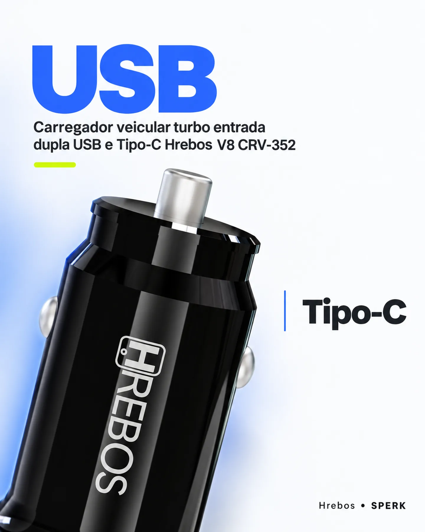 Carregador veicular turbo entrada dupla USB e Tipo-C Hrebos V8 CRV-352 — painel 3
