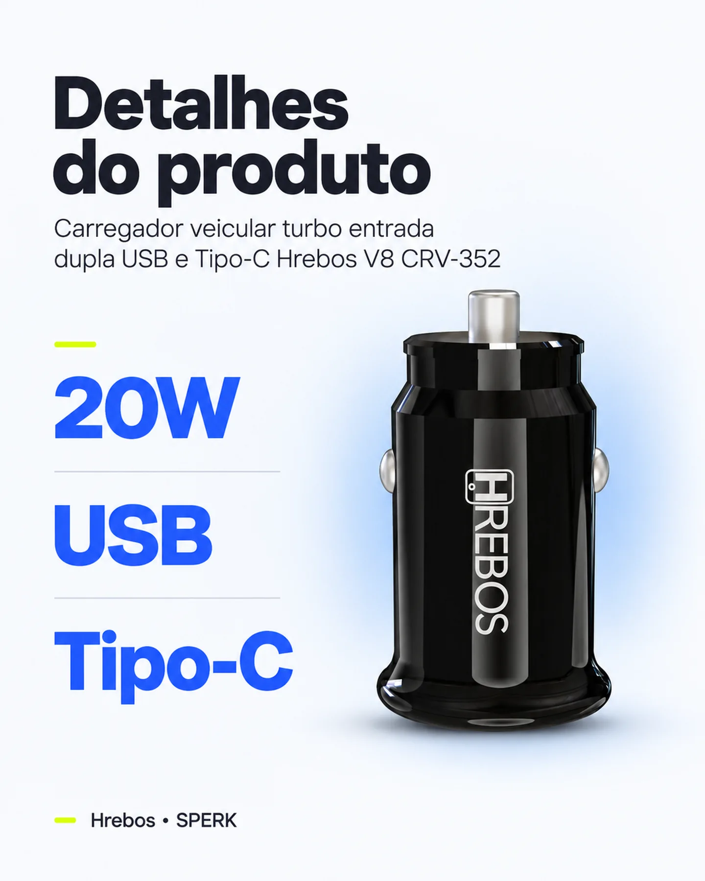 Carregador veicular turbo entrada dupla USB e Tipo-C Hrebos V8 CRV-352 — painel 4
