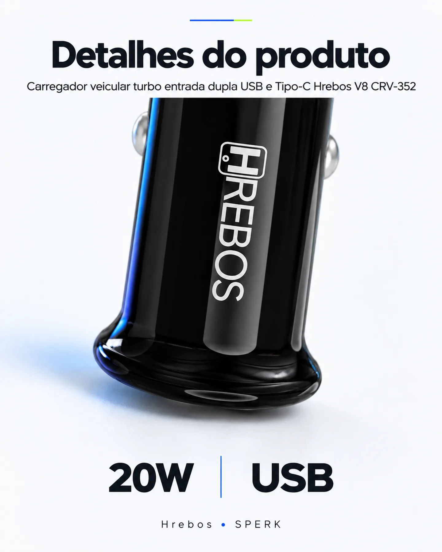 Carregador veicular turbo entrada dupla USB e Tipo-C Hrebos V8 CRV-352 — painel 5