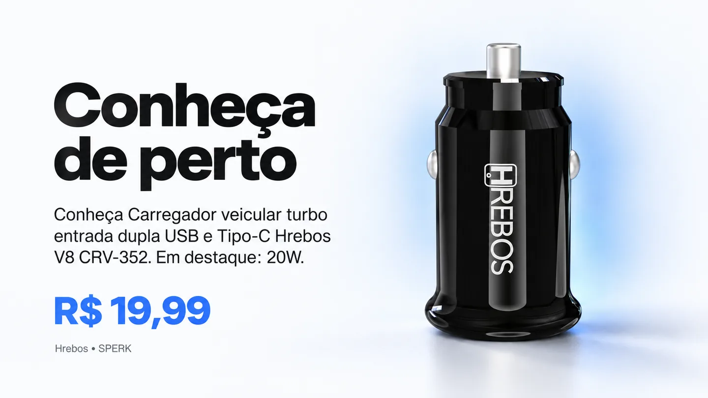Carregador veicular turbo entrada dupla USB e Tipo-C Hrebos V8 CRV-352 — heroi descricao