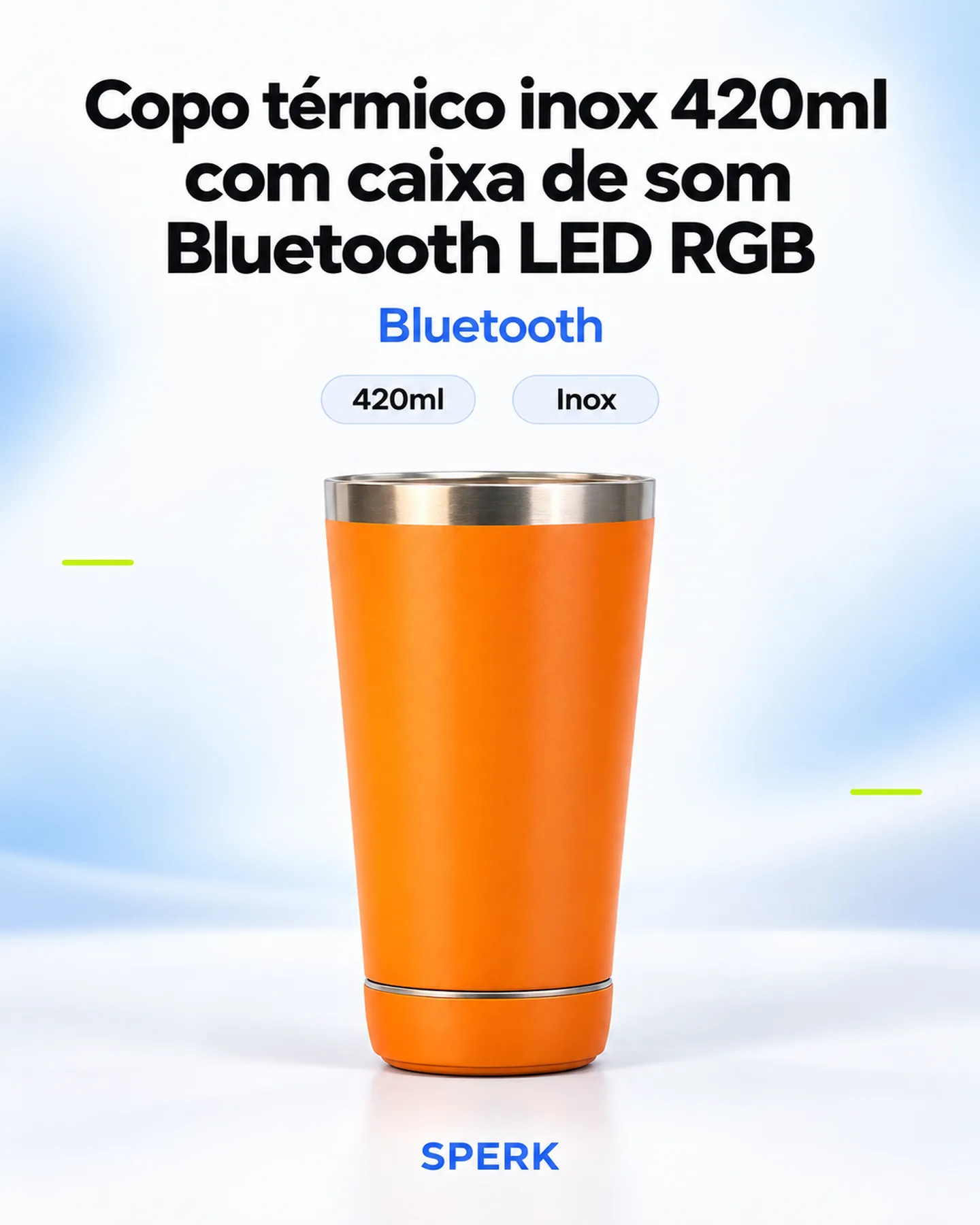 Copo térmico inox 420ml com caixa de som Bluetooth LED RGB — painel 1