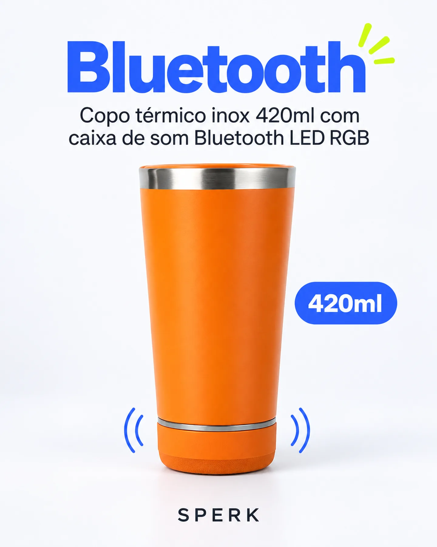 Copo térmico inox 420ml com caixa de som Bluetooth LED RGB — painel 2