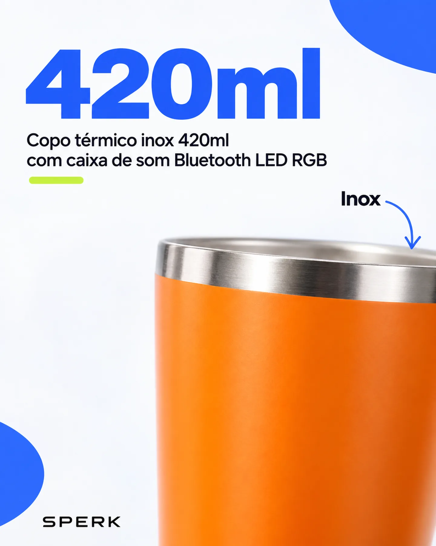 Copo térmico inox 420ml com caixa de som Bluetooth LED RGB — painel 3