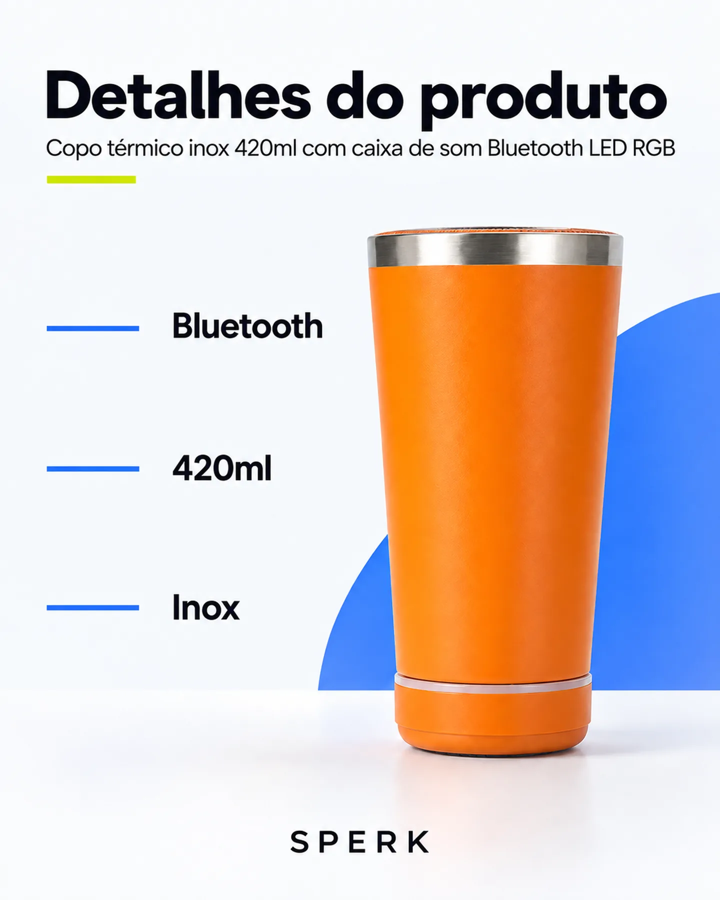 Copo térmico inox 420ml com caixa de som Bluetooth LED RGB — painel 4