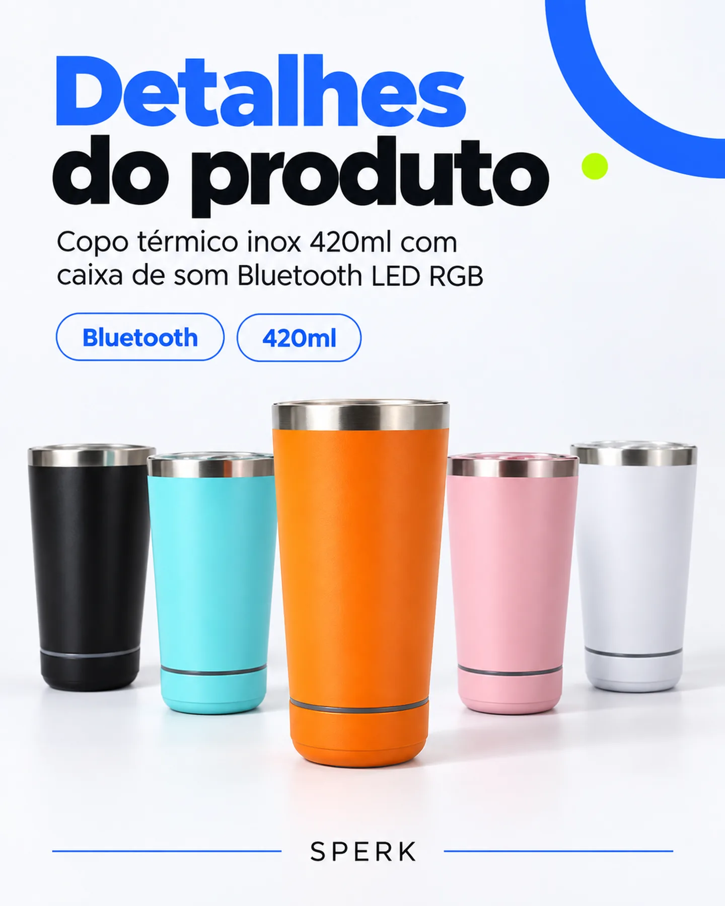Copo térmico inox 420ml com caixa de som Bluetooth LED RGB — painel 5