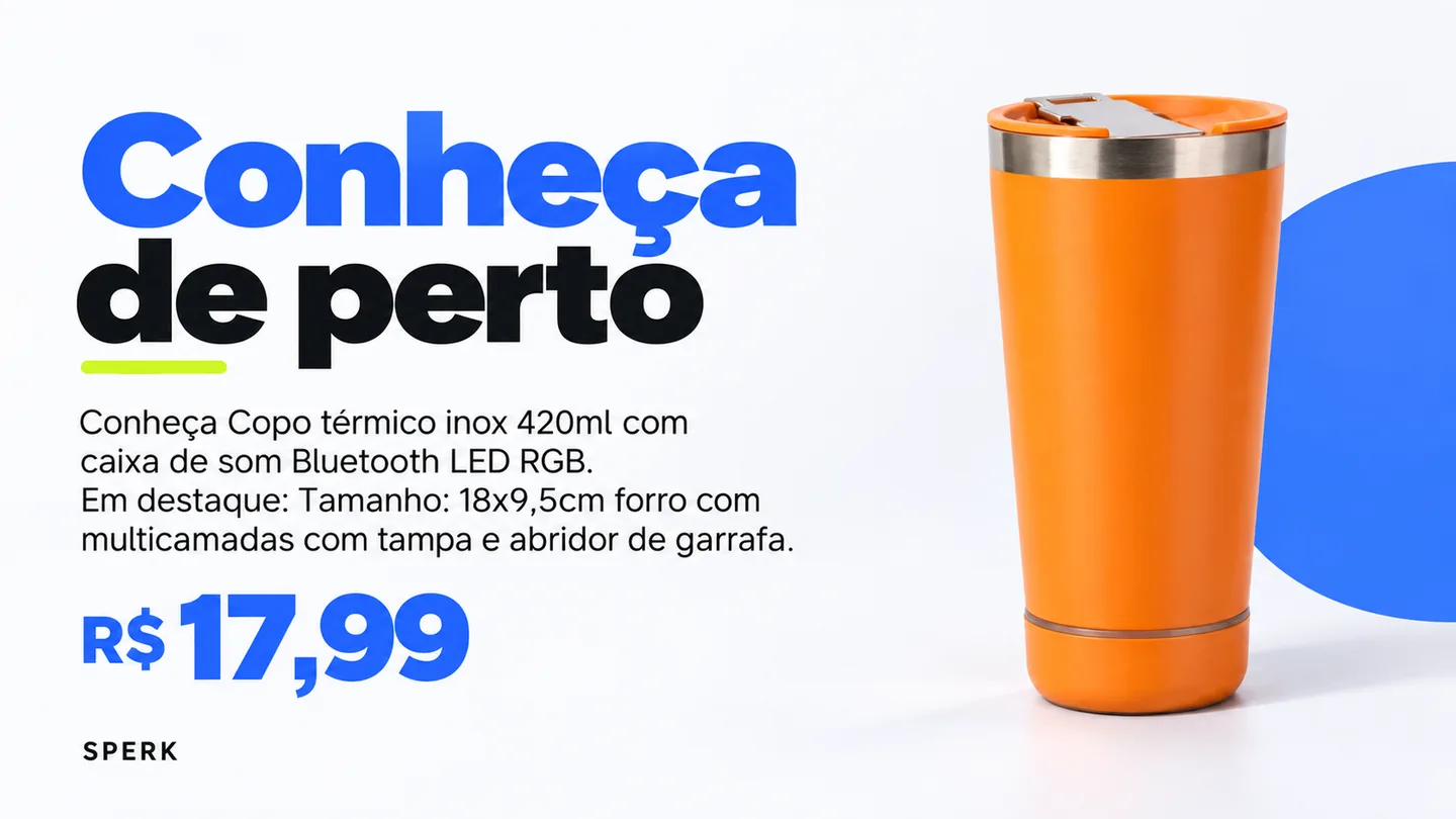 Copo térmico inox 420ml com caixa de som Bluetooth LED RGB — heroi descricao